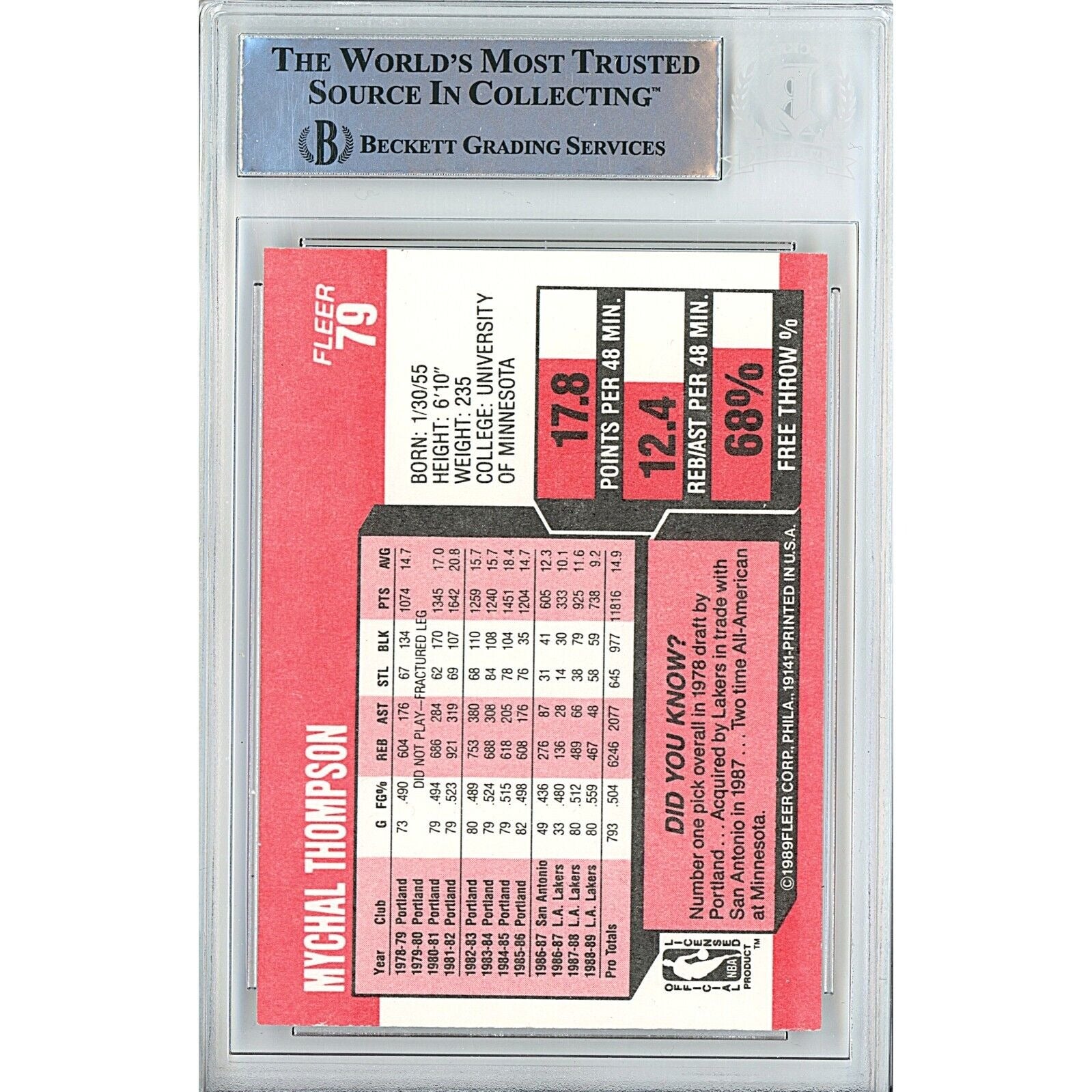 Mychal Thompson Los Angeles Lakers Autograph Trading Card Beckett BAS