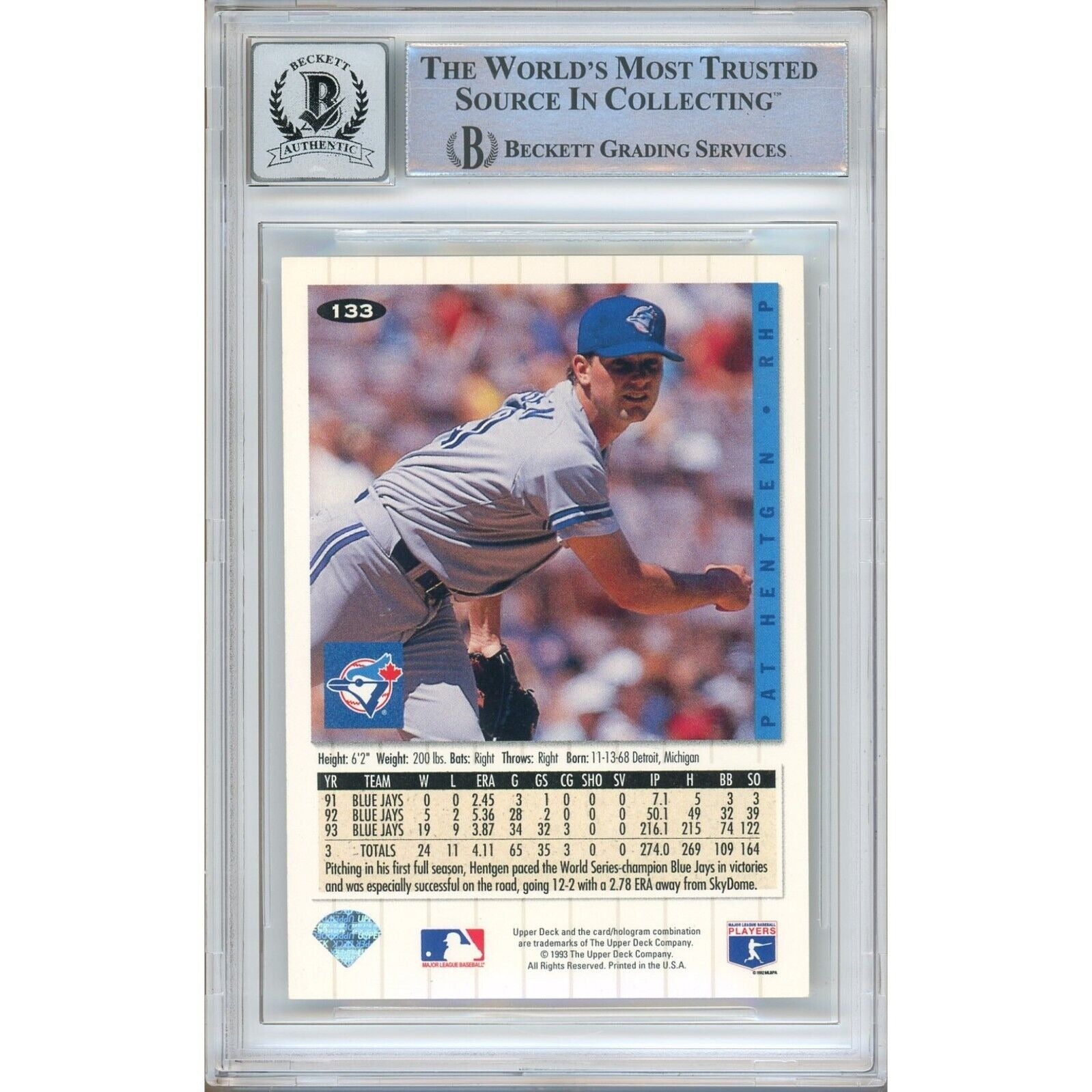 Baseballs- Autographed- Pat Hentgen Toronto Blue Jays Signed 1994 Upper Deck Collectors Choice Baseball Card Beckett Authentic BGS Auto-10 Graded Slab Back