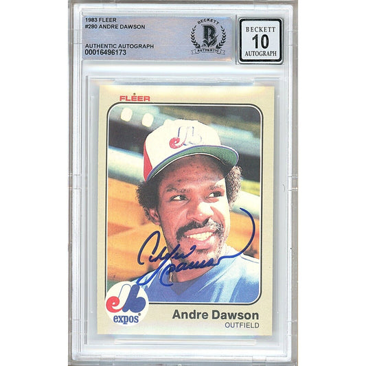 Baseballs- Autographed- Andre Dawson Montreal Expos Signed 1983 Fleer Baseball Card Beckett Authentic BGS Auto-10 Grade Slab Front