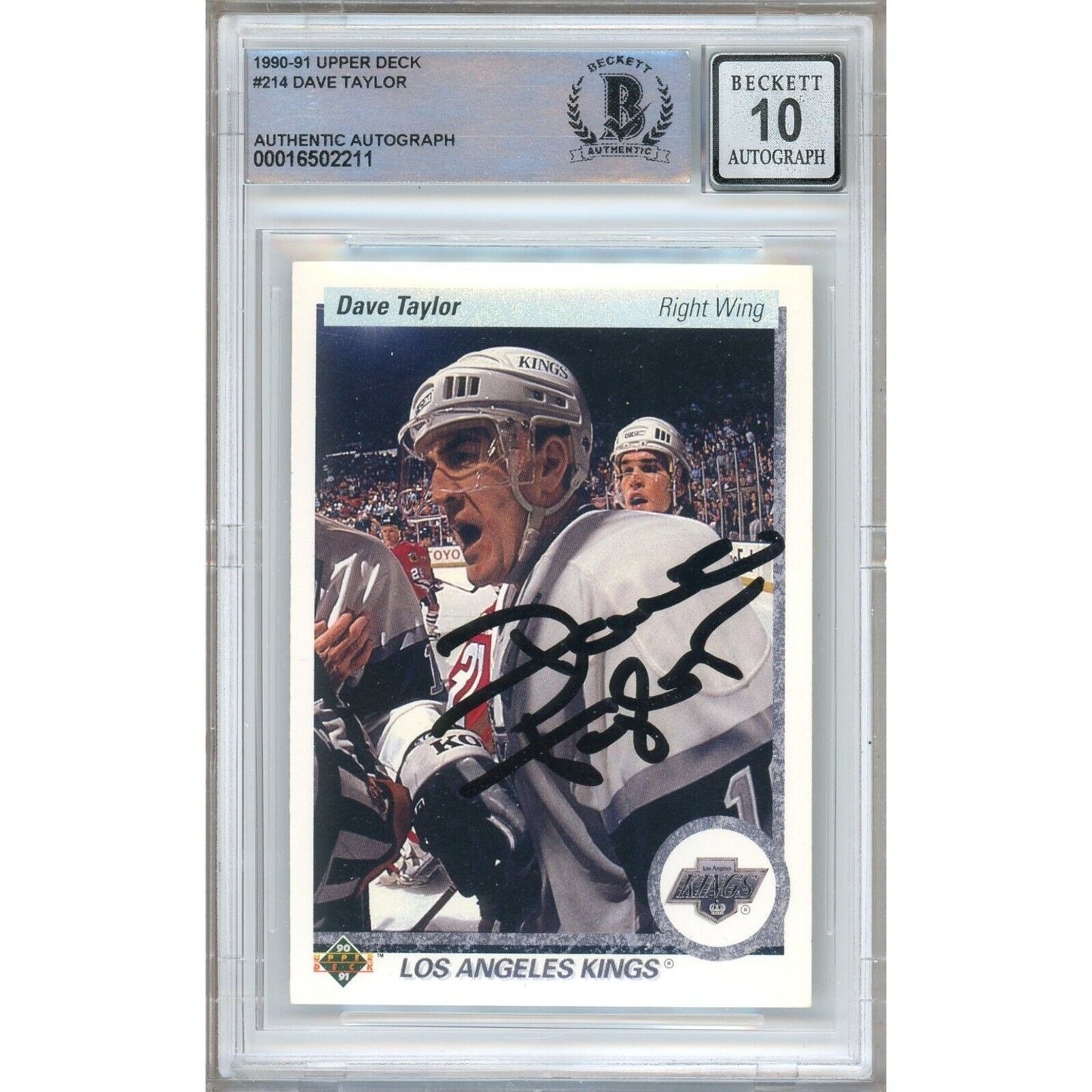 Hockey- Autographed- Dave Taylor Los Angeles Kings Signed 1990-91 Upper Deck Hockey Card Beckett Authentic BGS Auto-10 Graded Slab Front