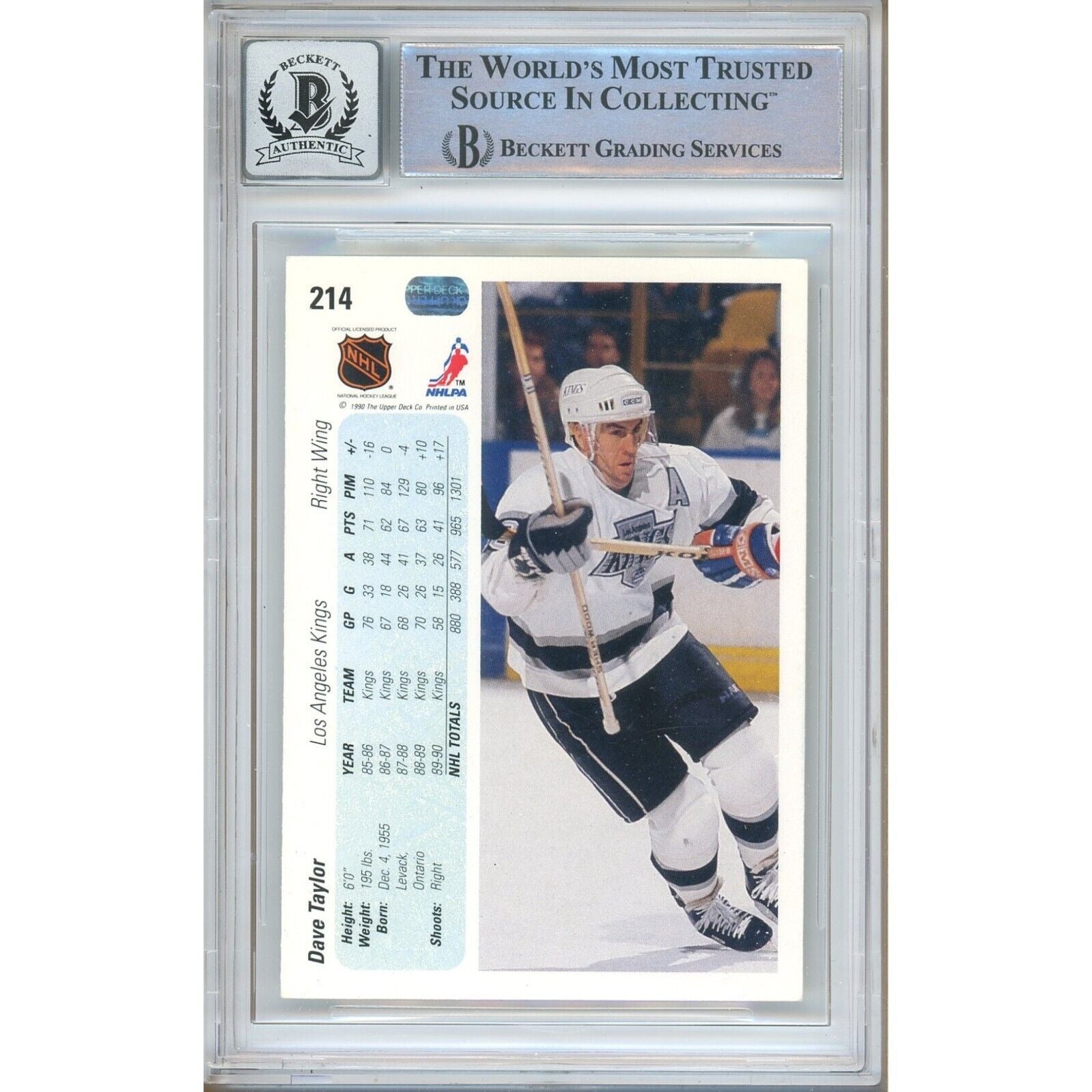 Hockey- Autographed- Dave Taylor Los Angeles Kings Signed 1990-91 Upper Deck Hockey Card Beckett Authentic BGS Auto-10 Graded Slab Back