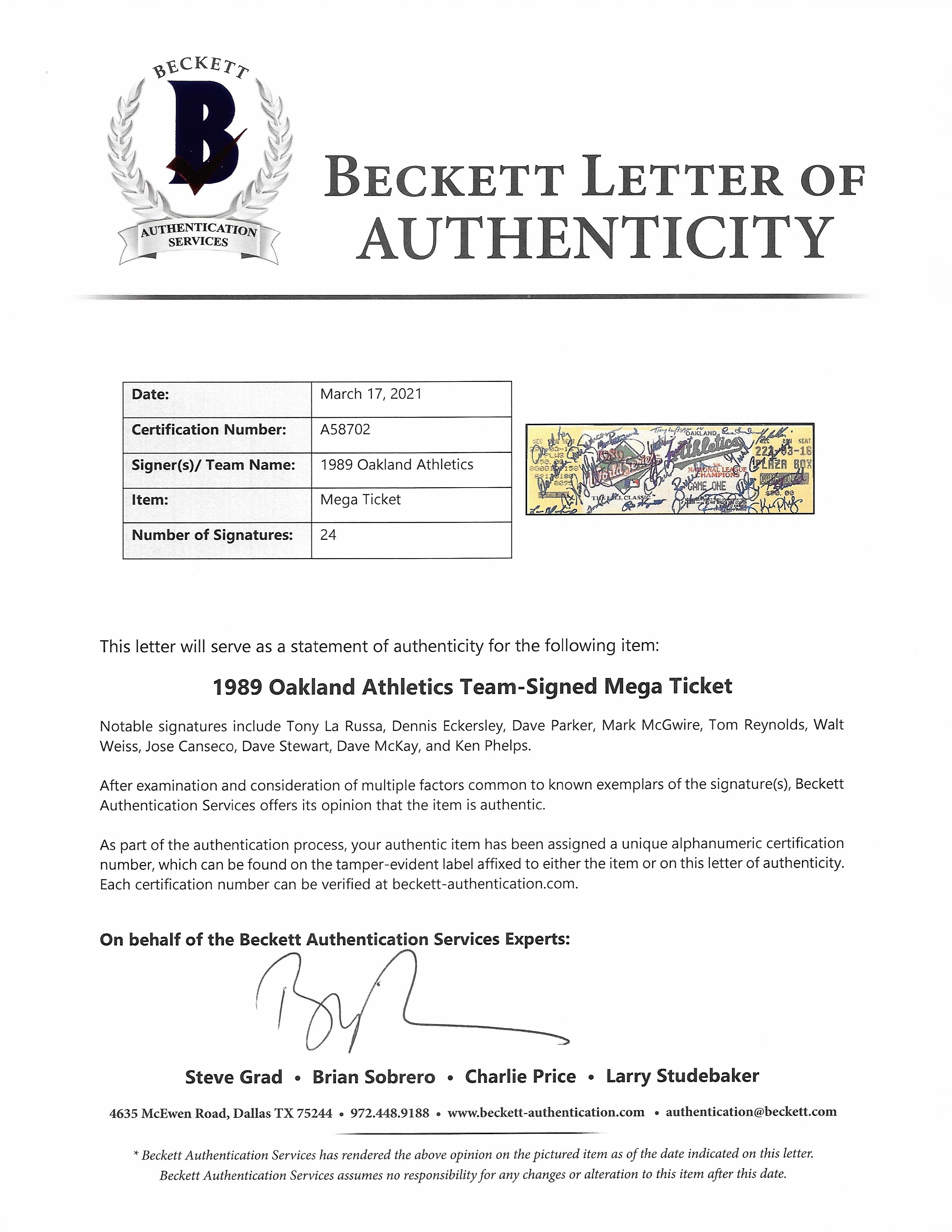 Oakland Athletics Signed World Series Cut Signature Beckett BAS