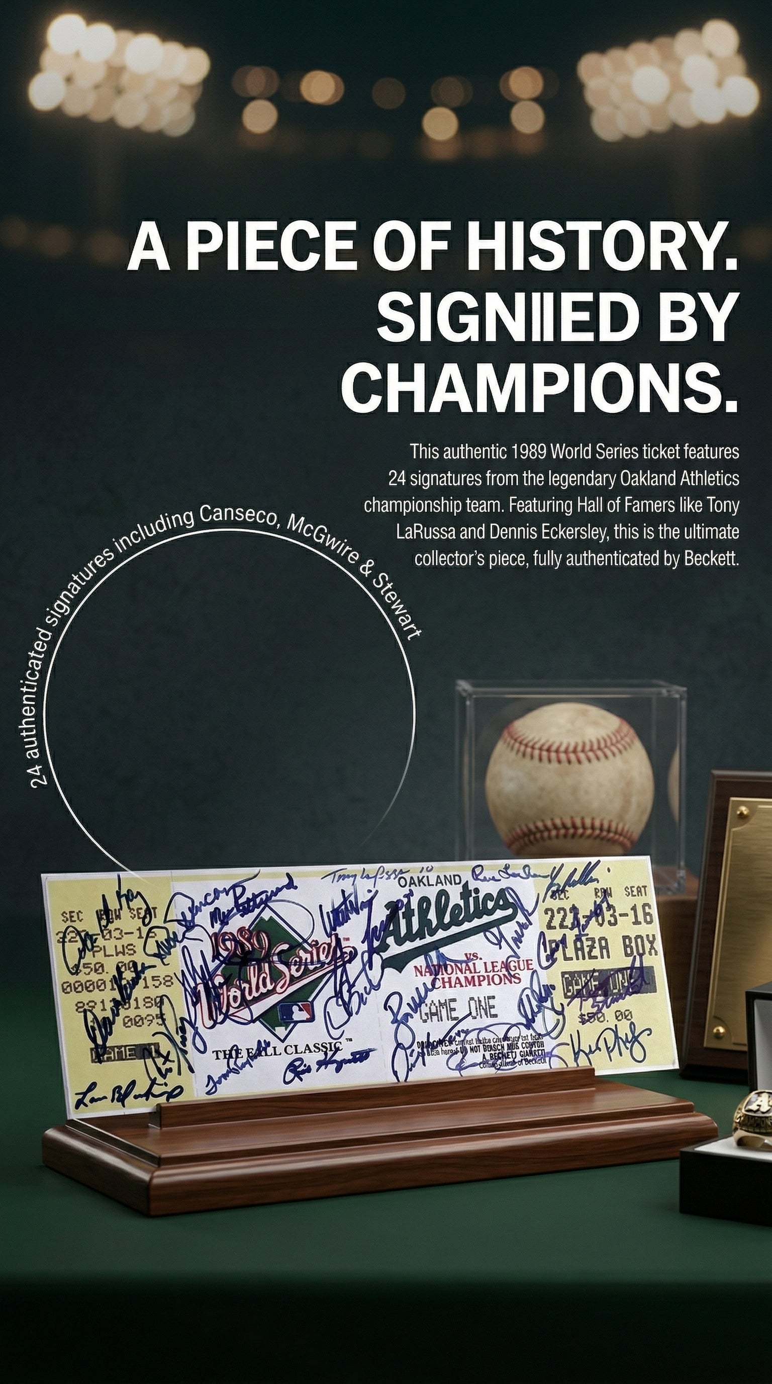 1989 Oakland Athletics Team Autographed World Series Mini Mega Ticket - Beckett Authentication