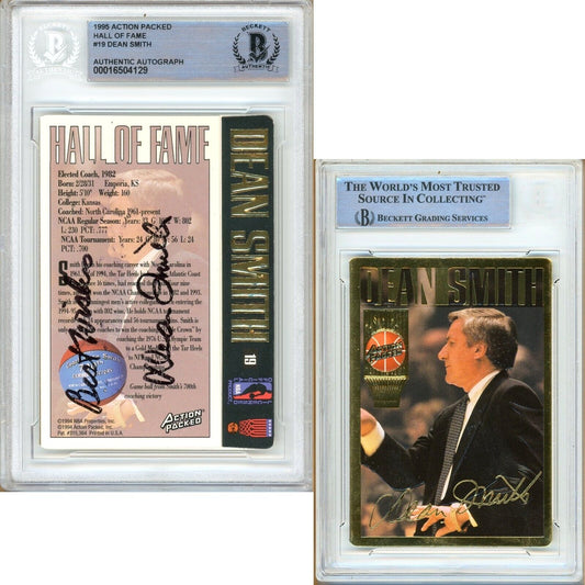 Basketballs- Autographed- Dean Smith UNC Tar Heels Signed 1995 Action Packed Hall of Fame Basketball Card Beckett Authentic Auto Slab Front and Back