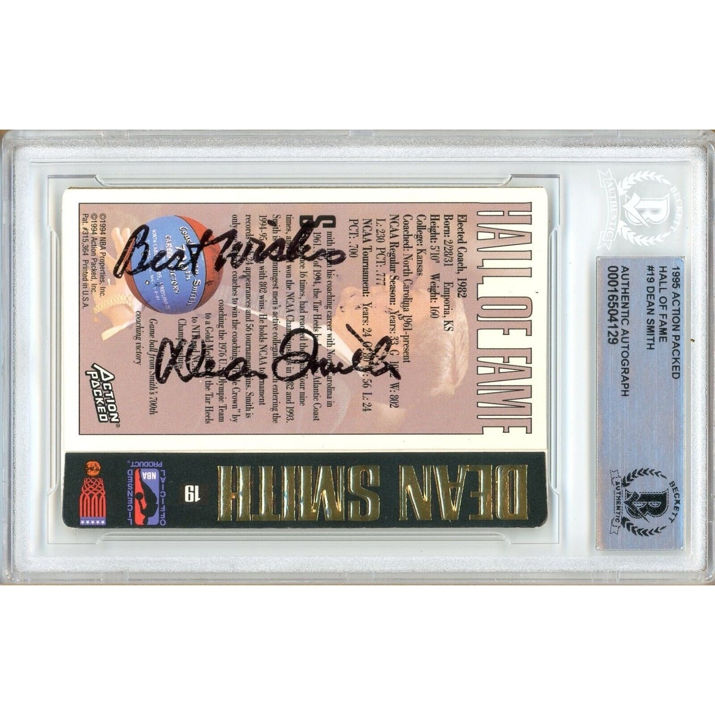 Basketballs- Autographed- Dean Smith UNC Tar Heels Signed 1995 Action Packed Hall of Fame Basketball Card Beckett Authentic Auto Slab Back