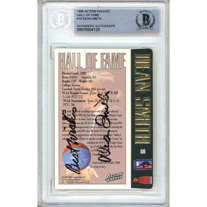 Basketballs- Autographed- Dean Smith UNC Tar Heels Signed 1995 Action Packed Hall of Fame Basketball Card Beckett Authenticated Auto Slab Back