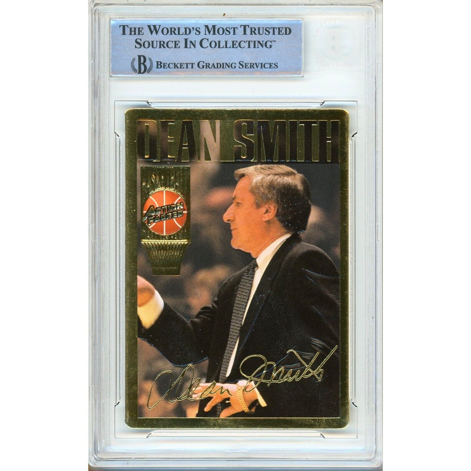 Basketballs- Autographed- Dean Smith UNC Tar Heels Signed 1995 Action Packed Hall of Fame Basketball Card Beckett Authentic Auto Slab Front