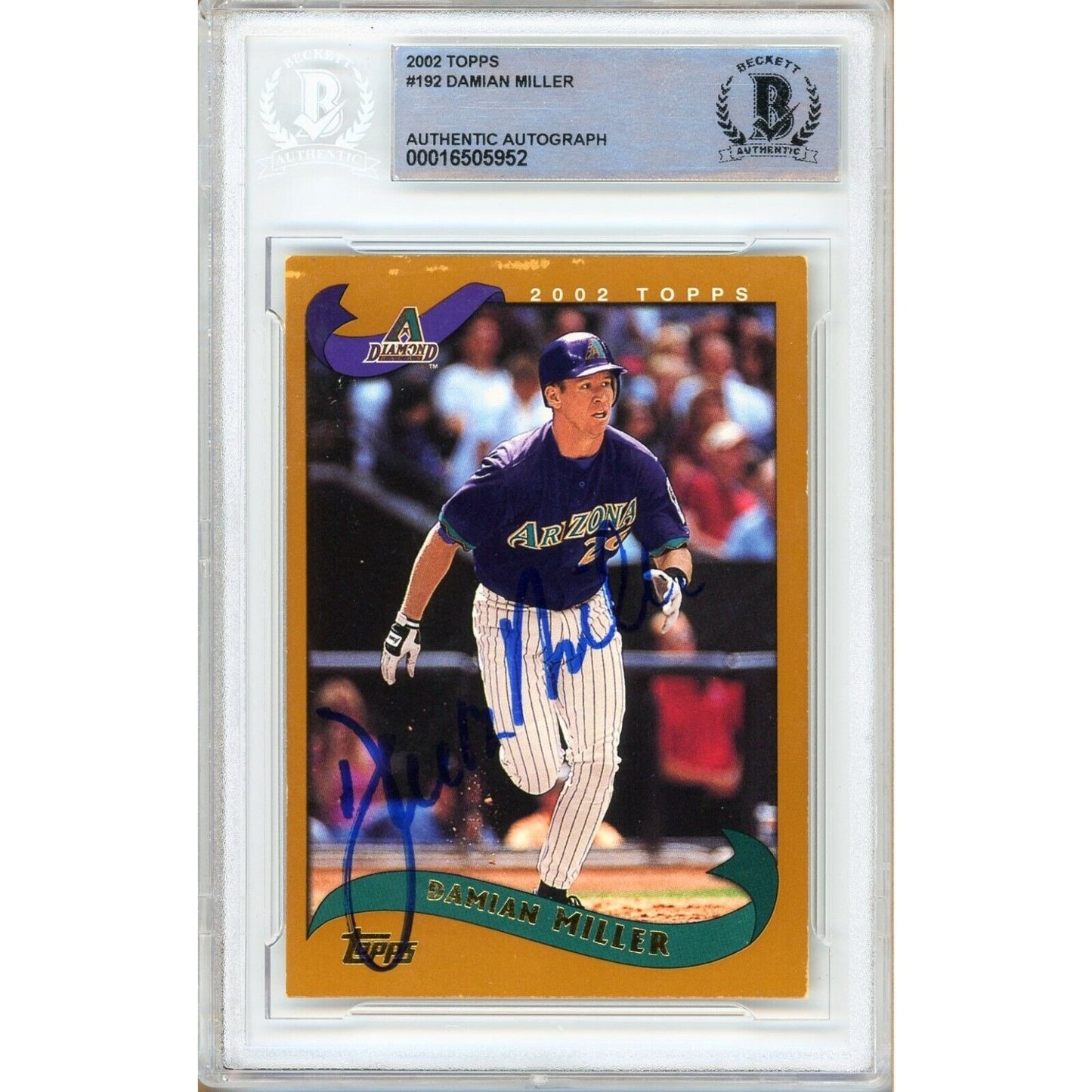 Baseballs- Autographed- Damian Miller Arizona Diamondbacks Signed 2002 Topps Baseball Card Beckett Authentic Auto Slab Front