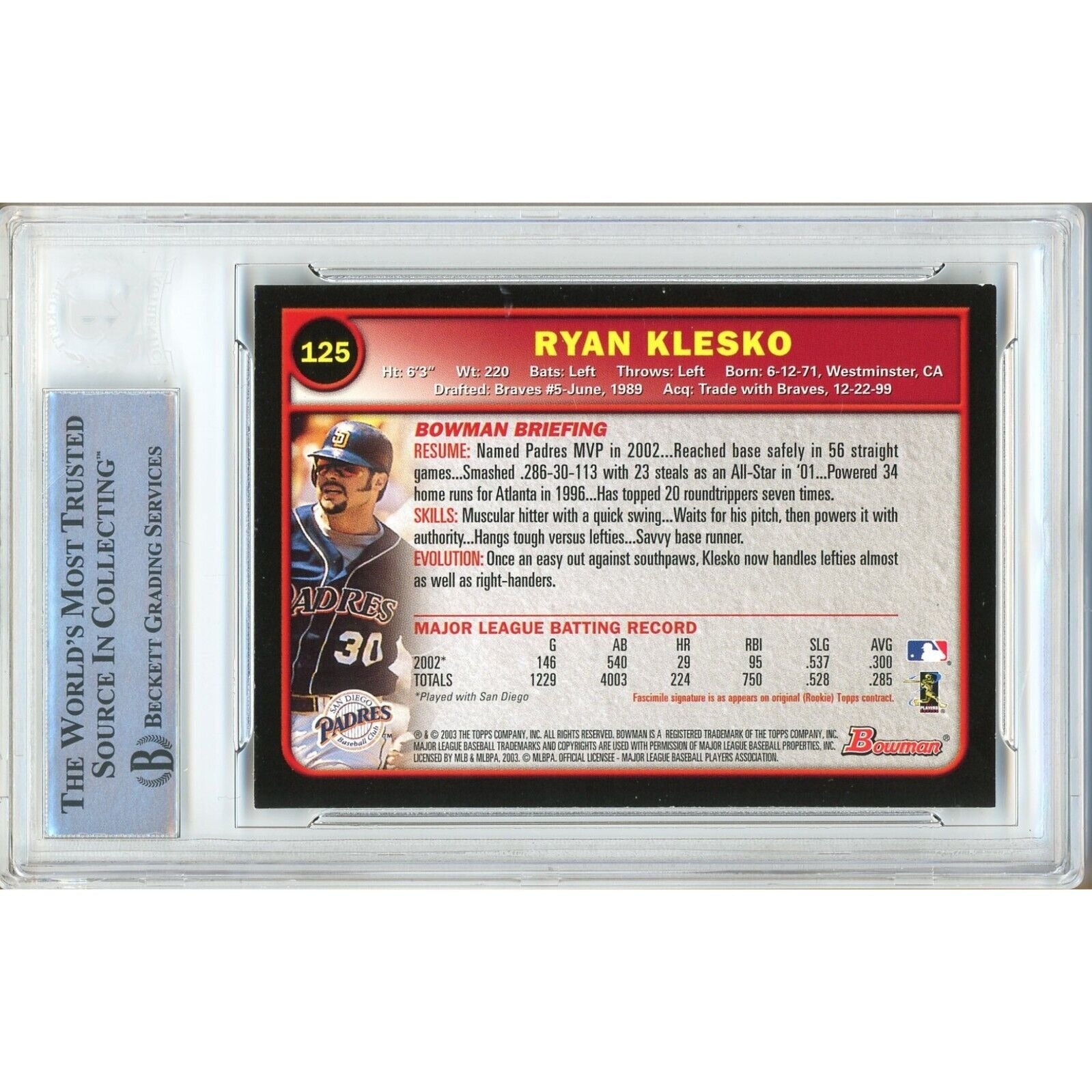 Baseballs- Autographed- Ryan Klesko San Diego Padres Signed 2003 Bowman Trading Card Beckett Authentic Auto Slab Back