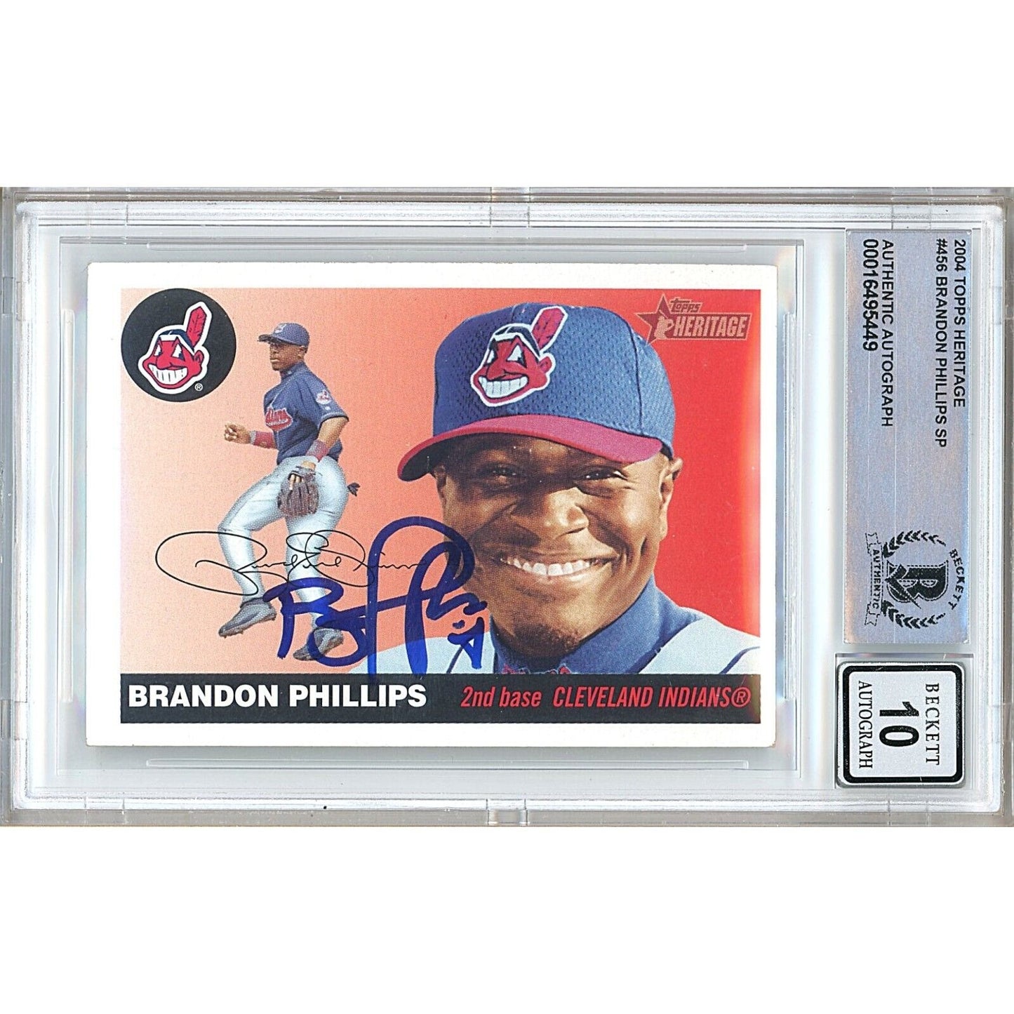 Baseballs- Autographed- Brandon Phillips Cleveland Indians Signed 2004 Topps Heritage Baseball Card Beckett Authentic BGS Auto-10 Slab Front