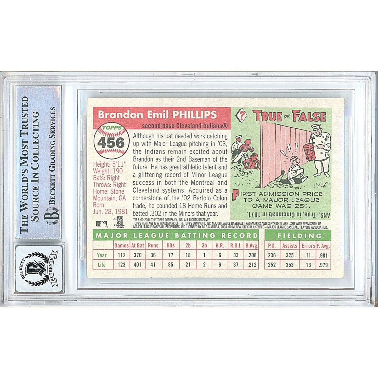 Baseballs- Autographed- Brandon Phillips Cleveland Indians Signed 2004 Topps Heritage Baseball Card Beckett Authentic BGS Auto-10 Slab Back