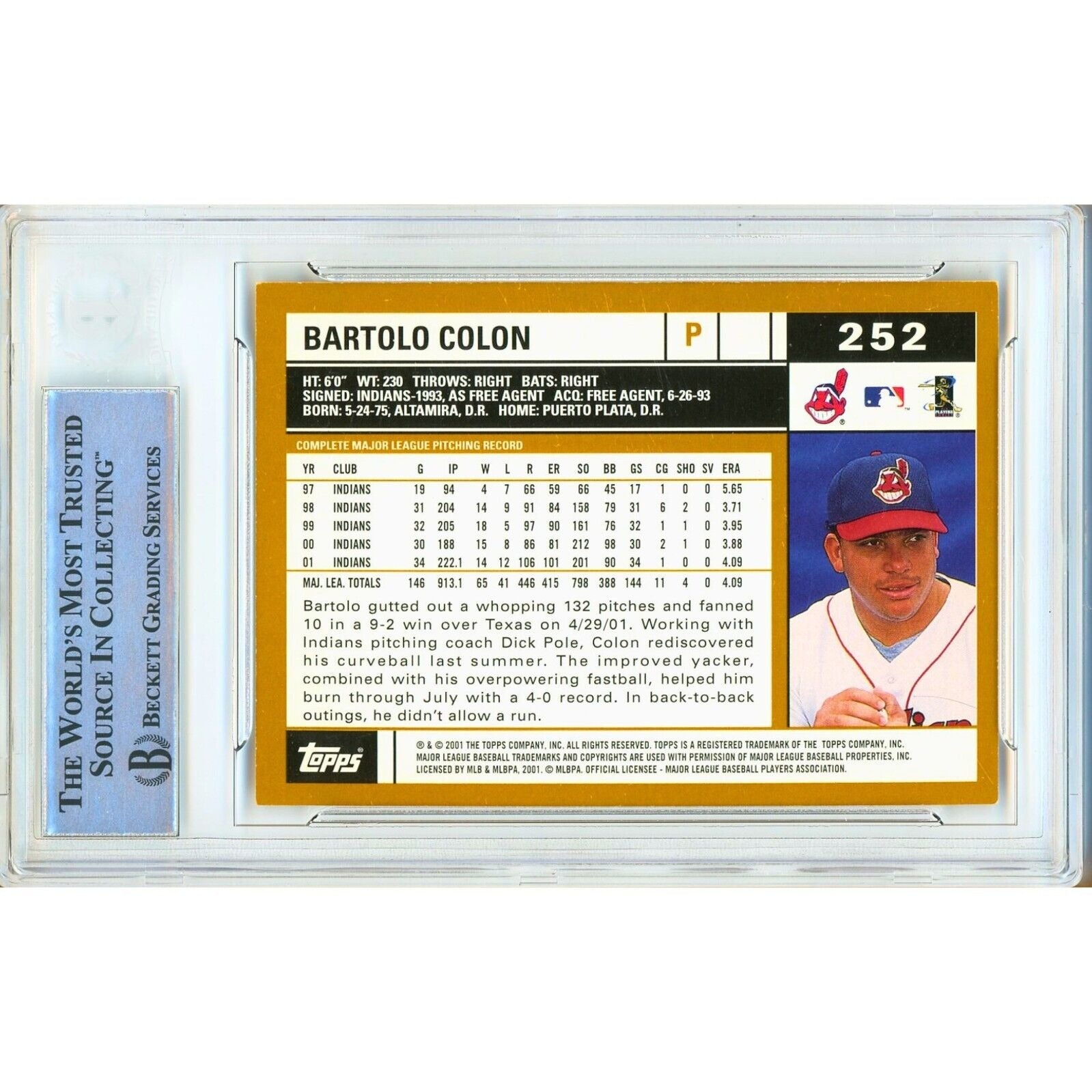 Baseballs- Autographed- Bartolo Colon Cleveland Indians Signed 2002 Topps Baseball Card Beckett Authentic Auto Slab Back