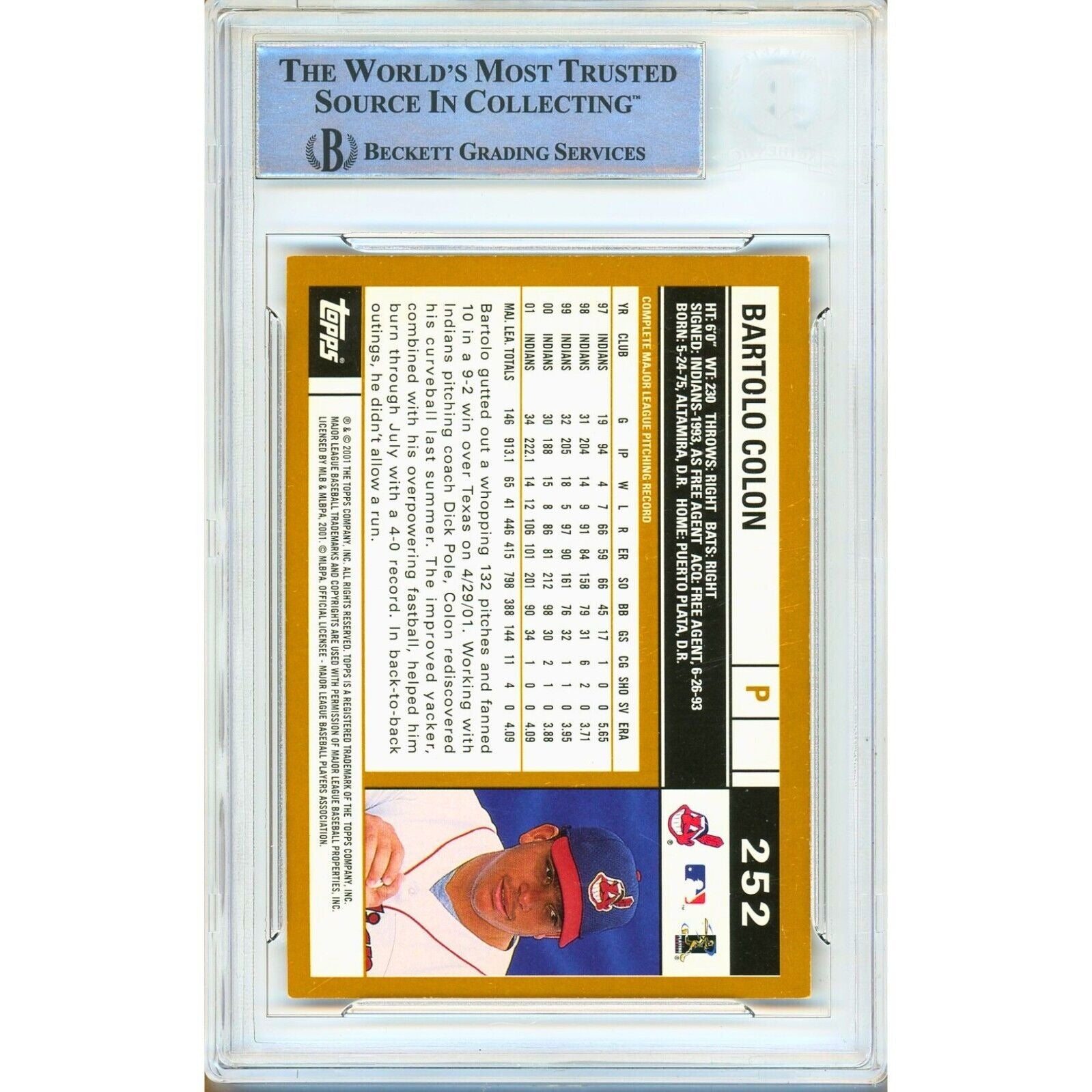 2002 Topps #252 Bartolo Colon Cleveland Indians Autograph Trading Card – Beckett BAS