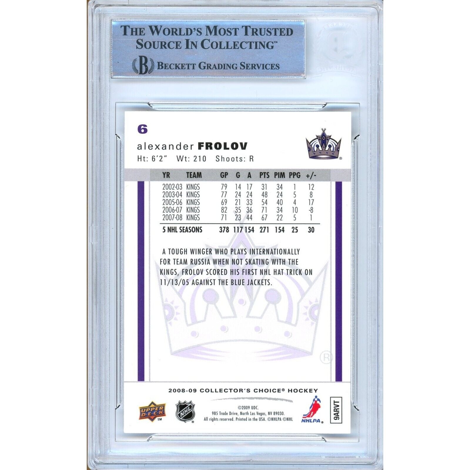 Hockey- Autographed- Alexander Frolov Los Angeles Kings Signed 2008-09 Collectors Choice Hockey Card Beckett Authentic Auto Slab Back