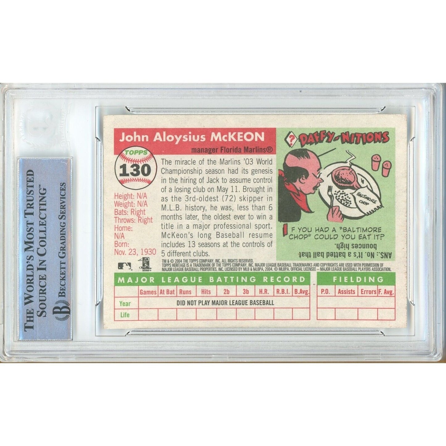 Baseballs- Autographed- Jack McKeon Miami Marlins Signed 2004 Topps Heritage Baseball Card Beckett Authentic Auto Slab Back