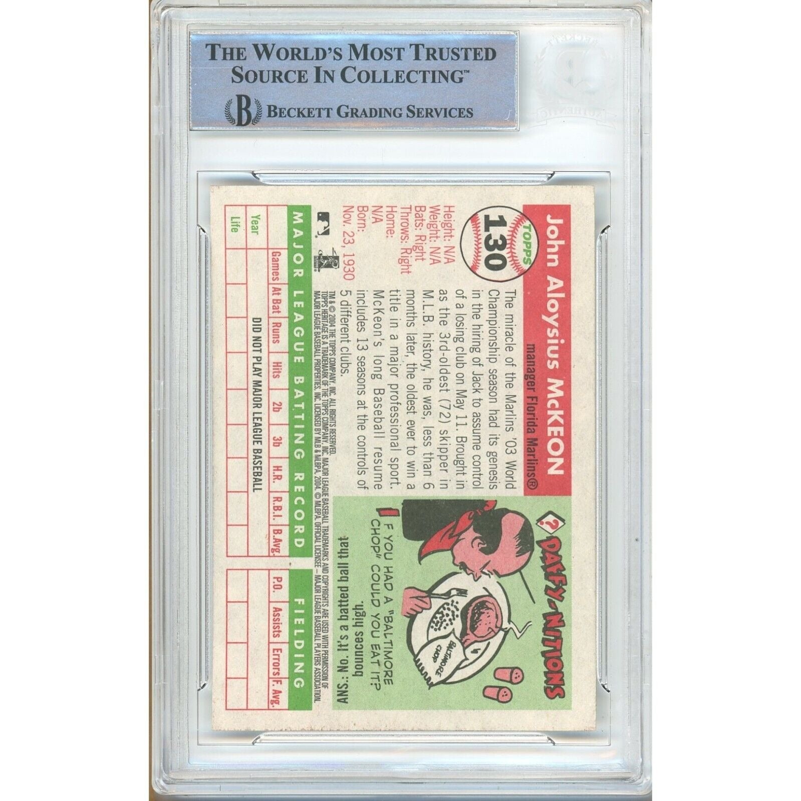 Jack McKeon Miami Marlins trading card autograph – angled display – Beckett COA