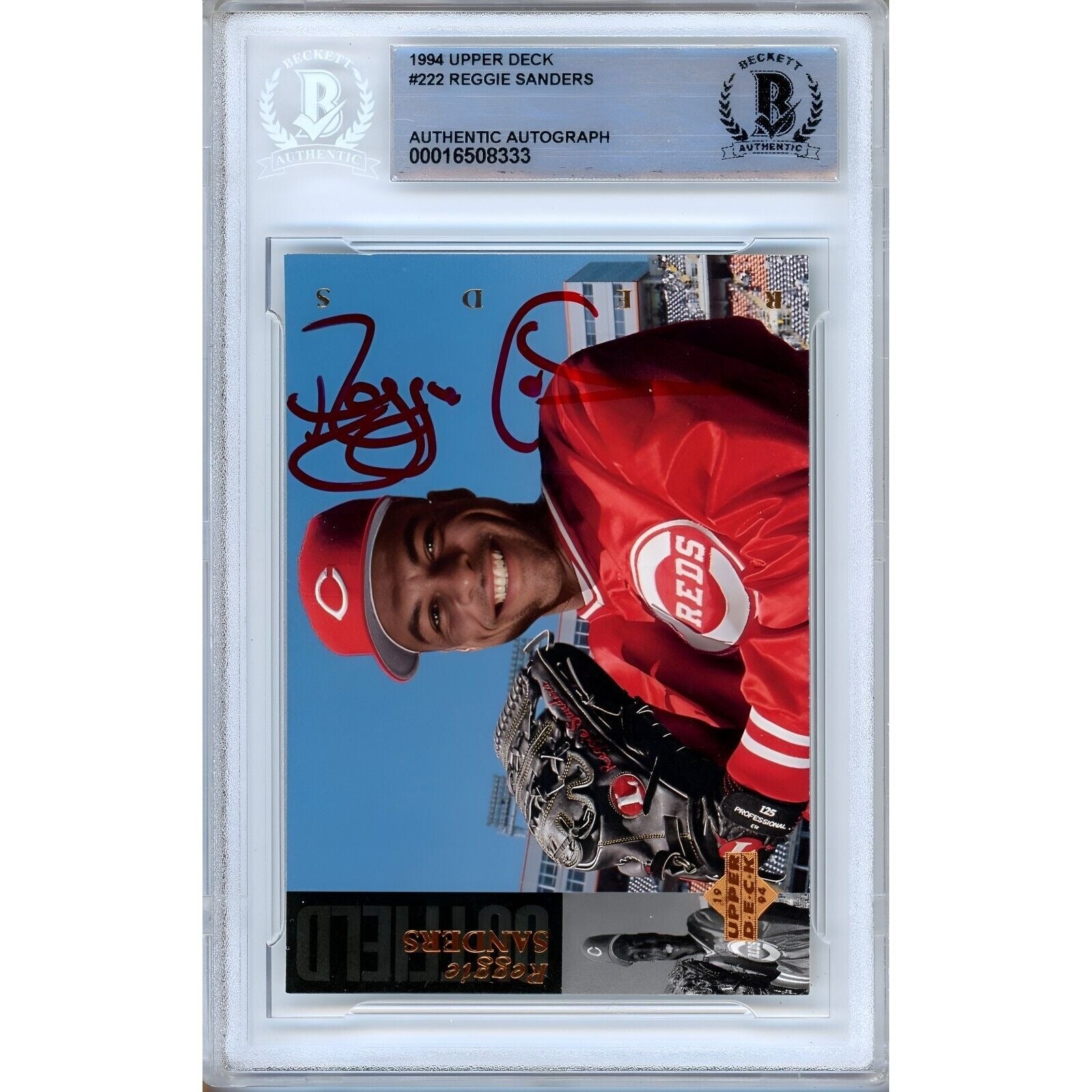 Reggie Sanders Cincinnati Reds signed trading card – signature close-up – Beckett COA