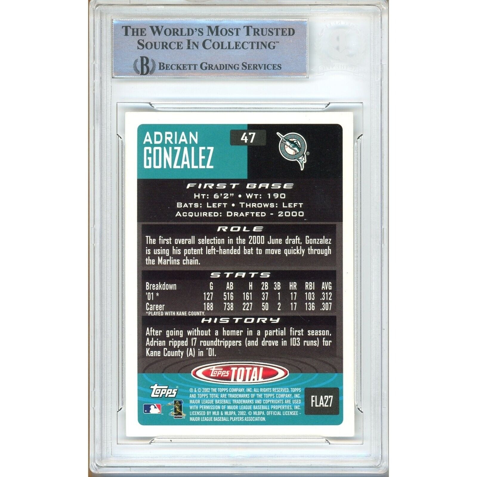 2002 Topps #47 Adrian Gonzalez Miami Marlins Signed Trading Card – Beckett BAS