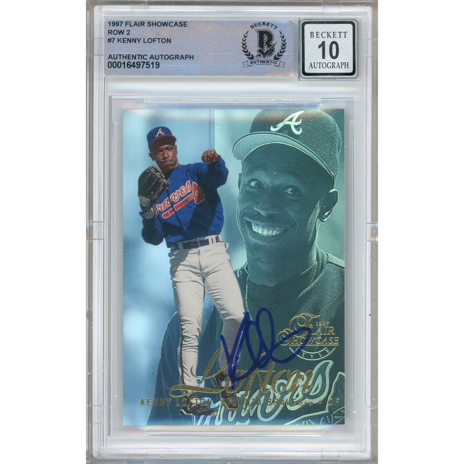 Baseballs- Autographed- Kenny Lofton Atlanta Braves Signed 1997 Flair Showcase Row 2 Baseball Card Beckett Authentic BGS Auto-10 Graded Slab Front