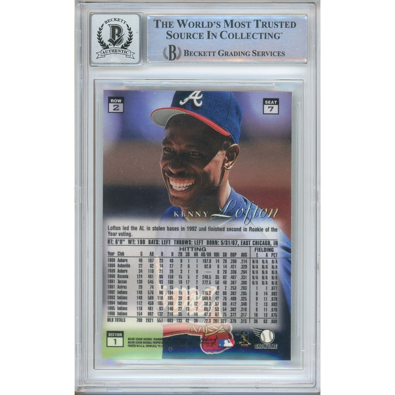 Baseballs- Autographed- Kenny Lofton Atlanta Braves Signed 1997 Flair Showcase Row 2 Baseball Card Beckett Authentic BGS Auto-10 Graded Slab Back