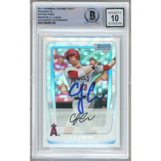 Baseballs- Autographed- CJ Cron Los Angeles Angels Signed 2011 Bowman Chrome Draft Prospects Refractors Baseball Card Beckett Authentic BGS Auto-10 Graded Slab Front