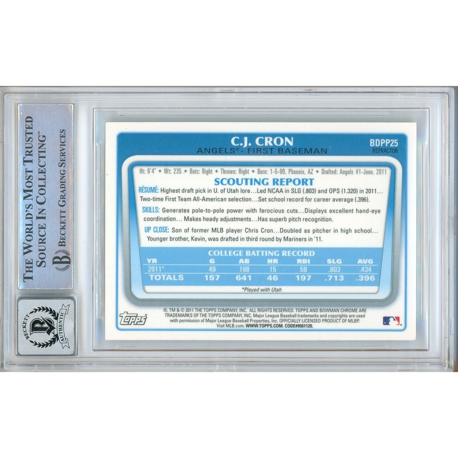 2011 Bowman CJ Cron Los Angeles Angels Signed Trading Card – Beckett BAS
