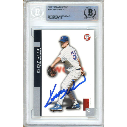 Baseballs- Autographed- Kerry Wood Chcago Cubs Signed 2005 Topps Pristine Baseball Card Beckett Authentic Auto Slab Front