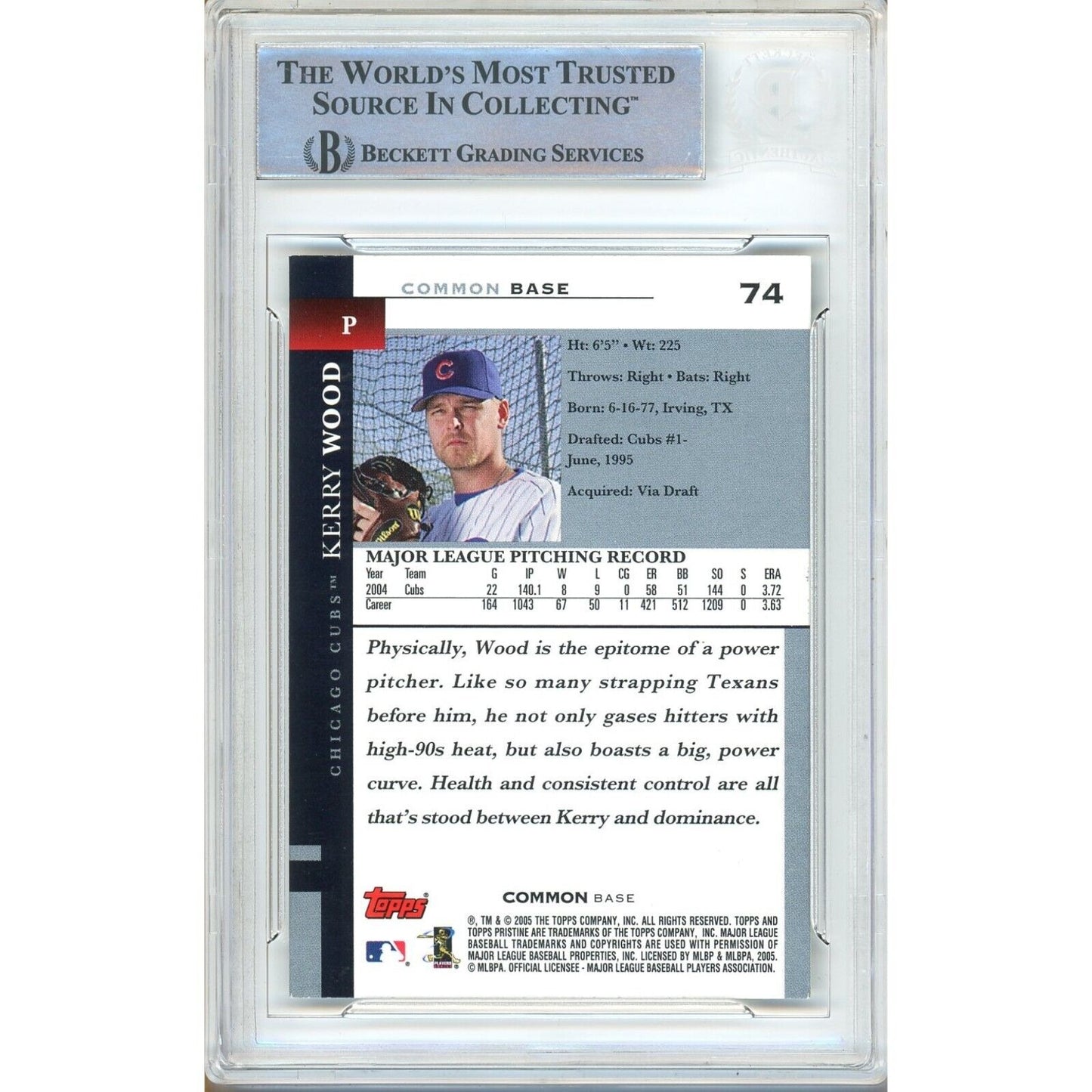 Baseballs- Autographed- Kerry Wood Chcago Cubs Signed 2005 Topps Pristine Baseball Card Beckett Authentic Auto Slab Back