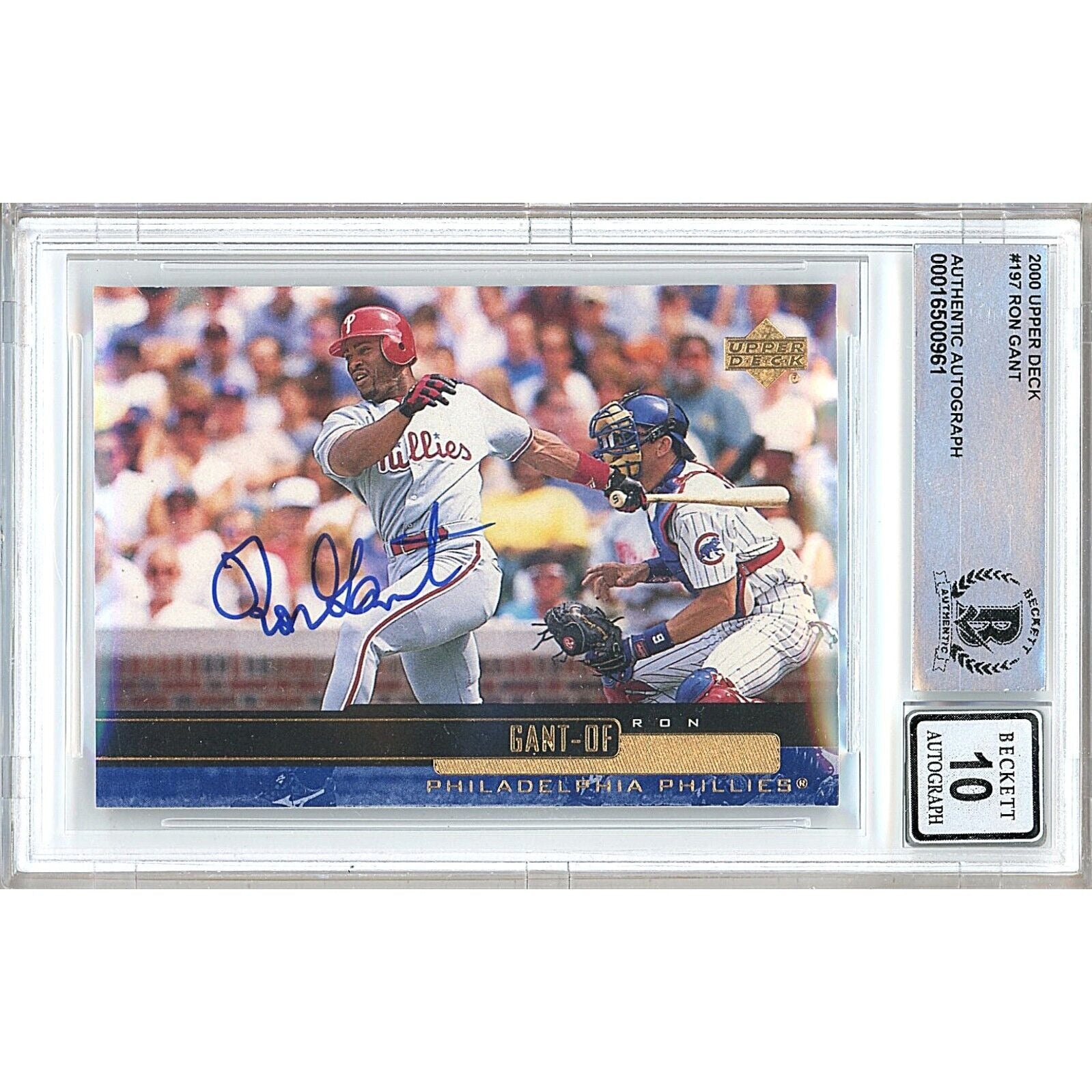 Ron Gant Phillies autographed trading card – full view – Beckett COA
