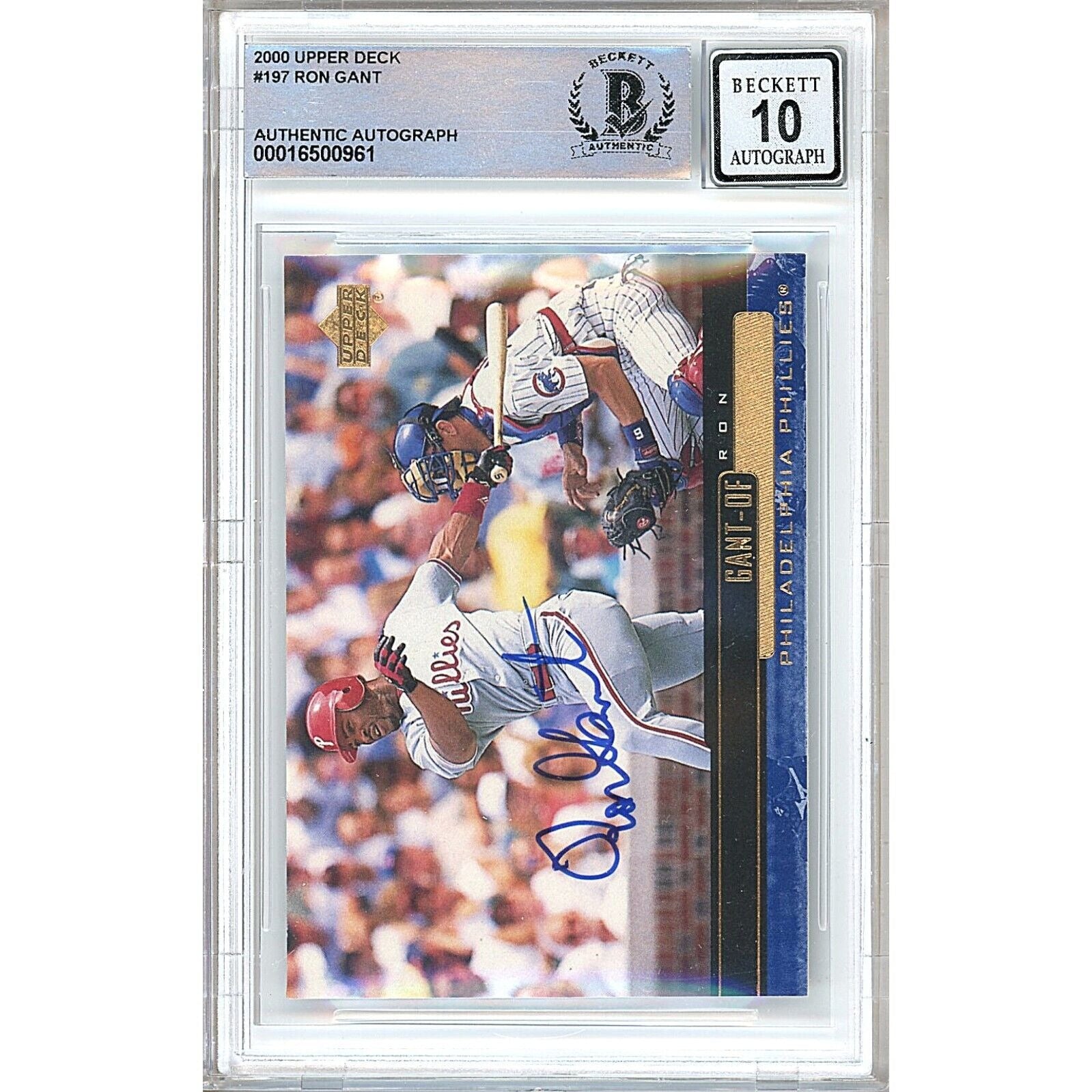 Ron Gant Phillies signed trading card – signature close-up – Beckett COA