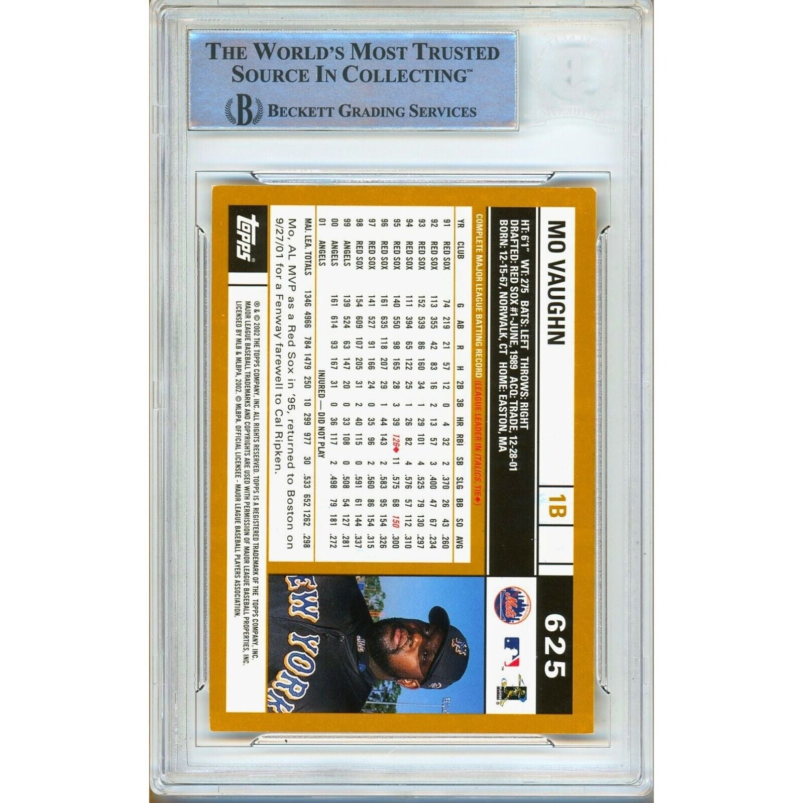 Baseballs- Autographed- Mo Vaughn New York Mets Signed 2002 Topps Baseball Card Beckett Authenticated Auto Slab Back