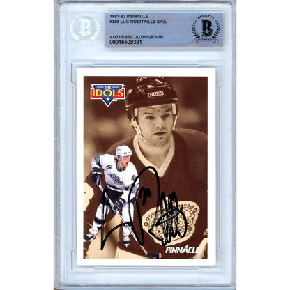 Hockey- Autographed- Luc Robitaille Los Angeles Kings Signed 1992-92 Pinnacle Idols Hockey Card Beckett Authentic Auto Slab Front