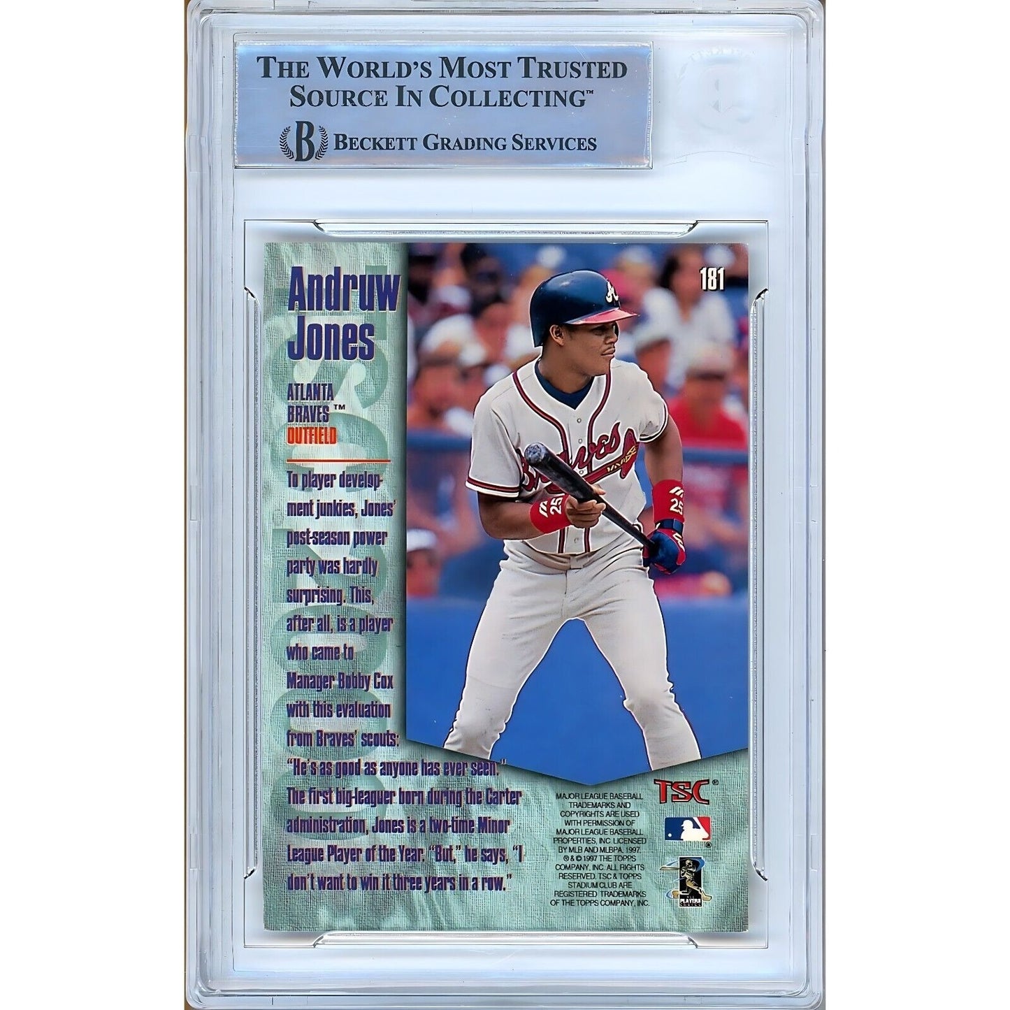 Baseballs- Autographed- Andruw Jones Atlanta Braves Signed 1997 Stadium Club 2000 SP Baseball Card Beckett Authentic Auto Slab Back