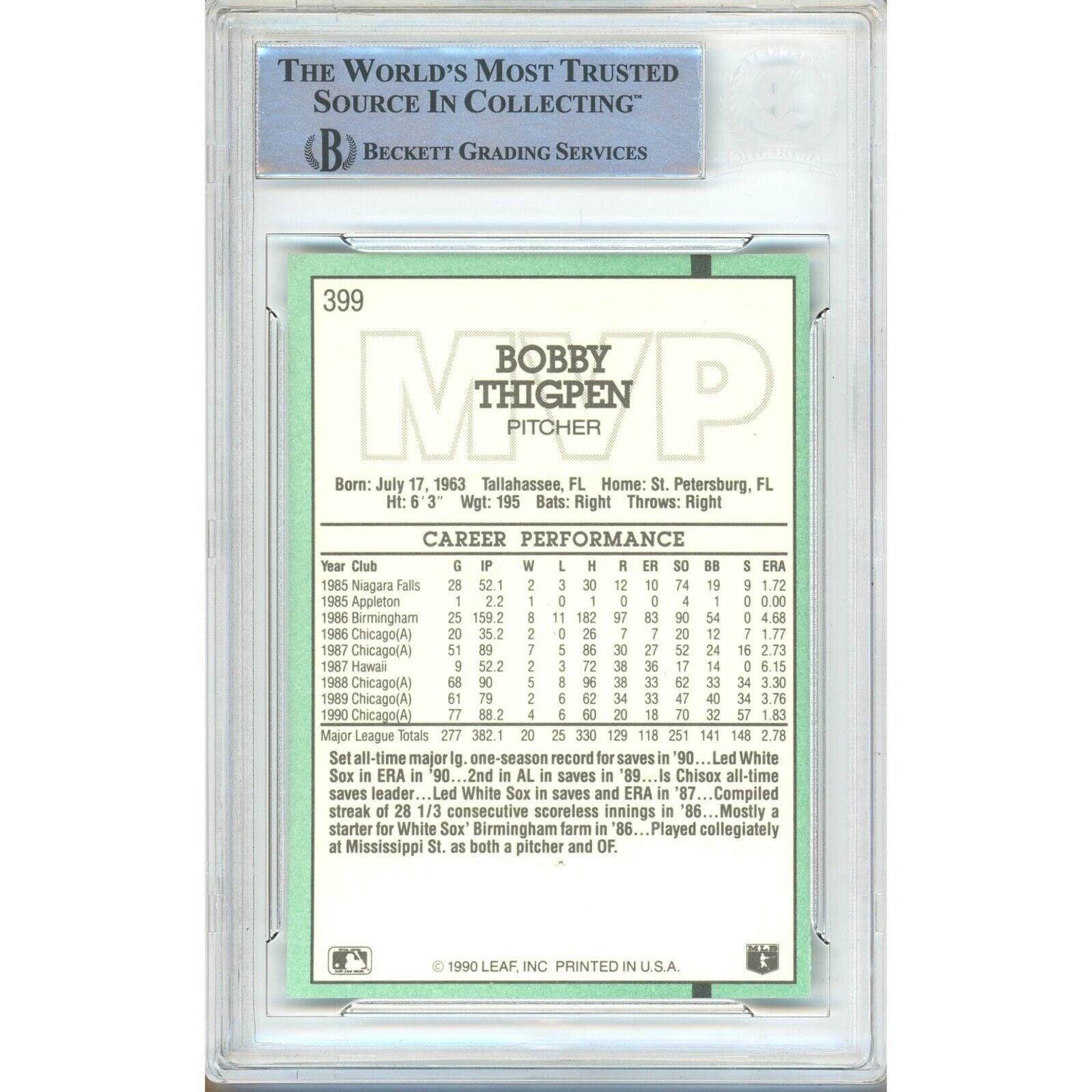 1991 Donruss #399 Bobby Thigpen White Sox Signed Trading Card – Beckett BAS