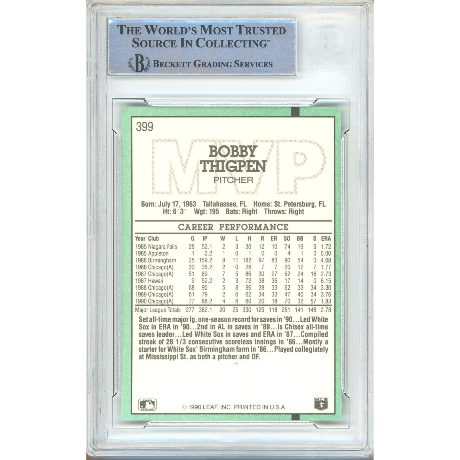 Baseballs- Autographed- Bobby Thigpen Chicago White Sox Signed 1991 Donruss MVP Baseball Card Beckett Authentic Auto Slab Back