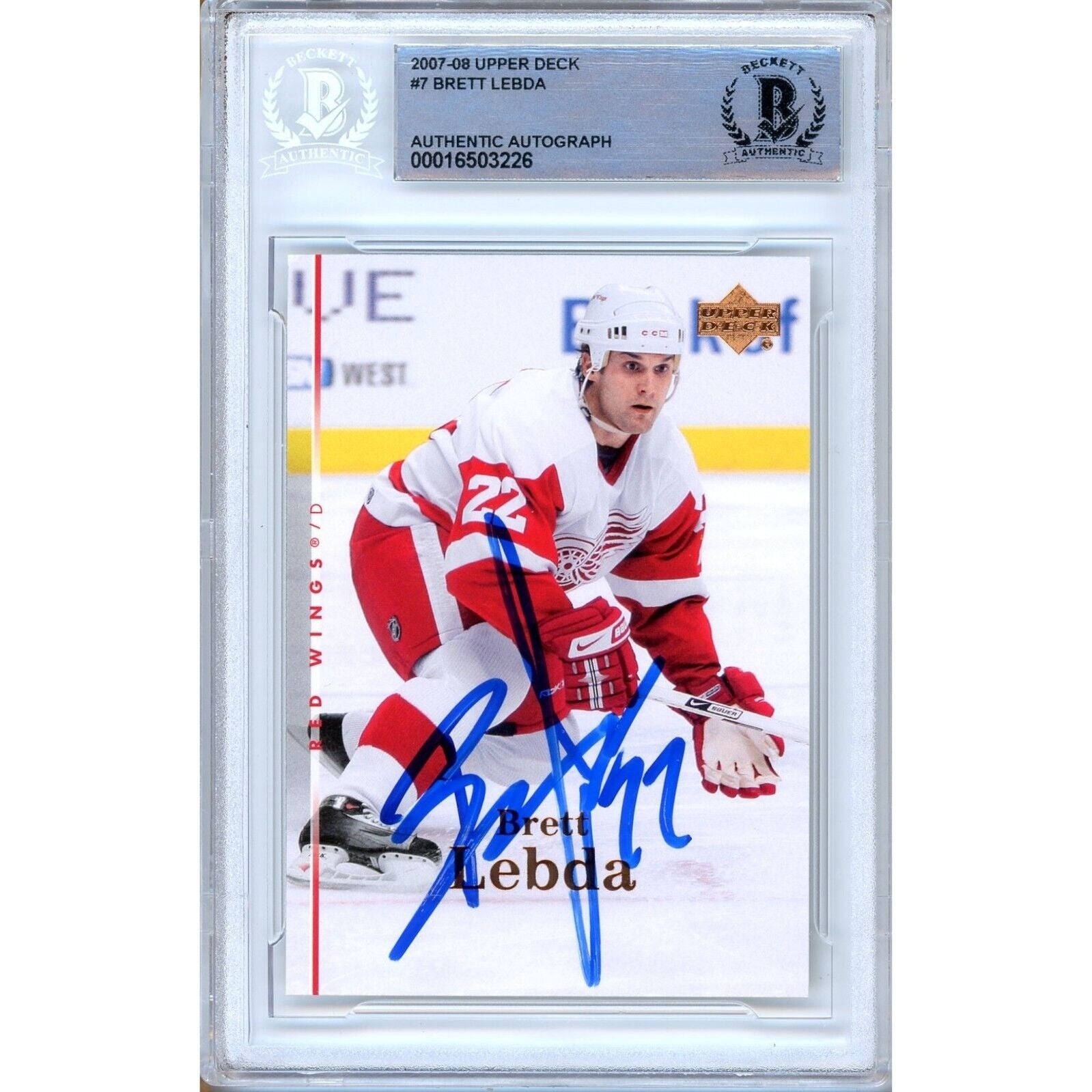 2007 Upper Deck #7 Brett Lebda Detroit Red Wings Autographed Trading Card – Beckett BAS
