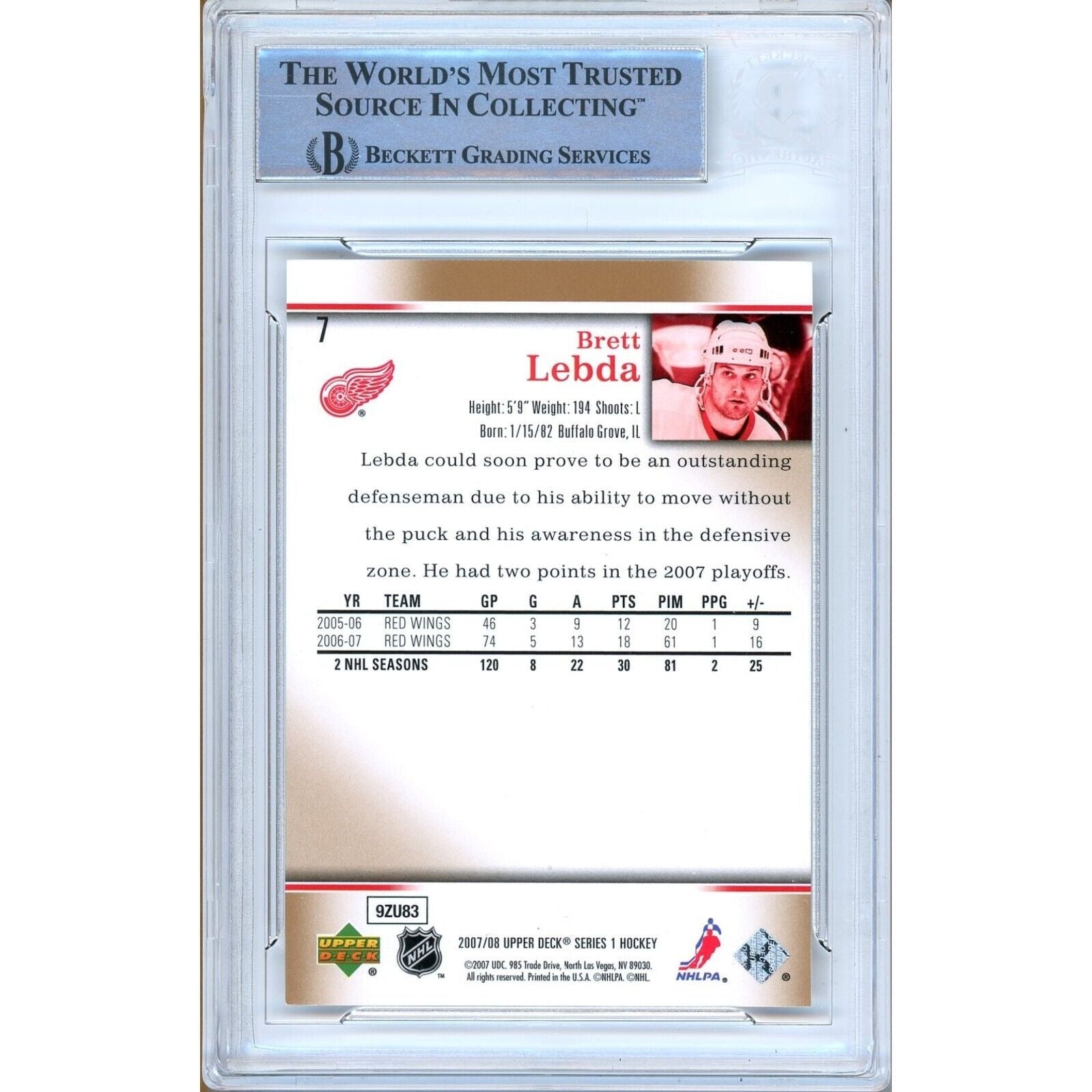 2007 Upper Deck #7 Brett Lebda Detroit Red Wings Signed Trading Card – Beckett BAS