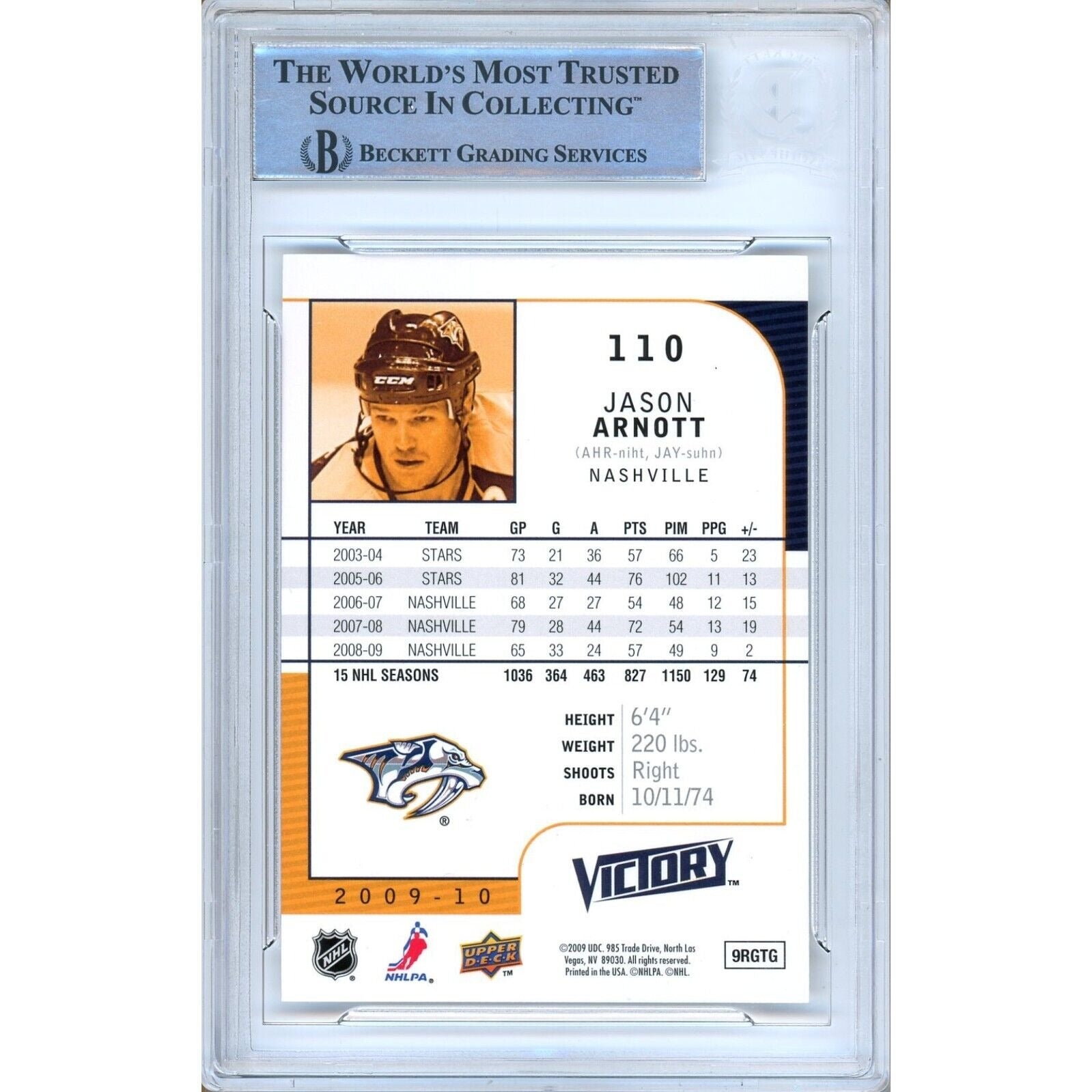 Hockey- Autographed- Jason Arnott Nashville Predators Signed 2009-10 Upper Deck Victory Hockey Card Beckett Authentic Auto Slab Back