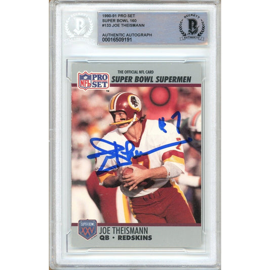 Footballs- Autographed- Joe Theismann Washington Commanders Signed 1990-91 NFL Pro Set Super Bowl Supermen Football Card Beckett Authentic Auto Slab Front