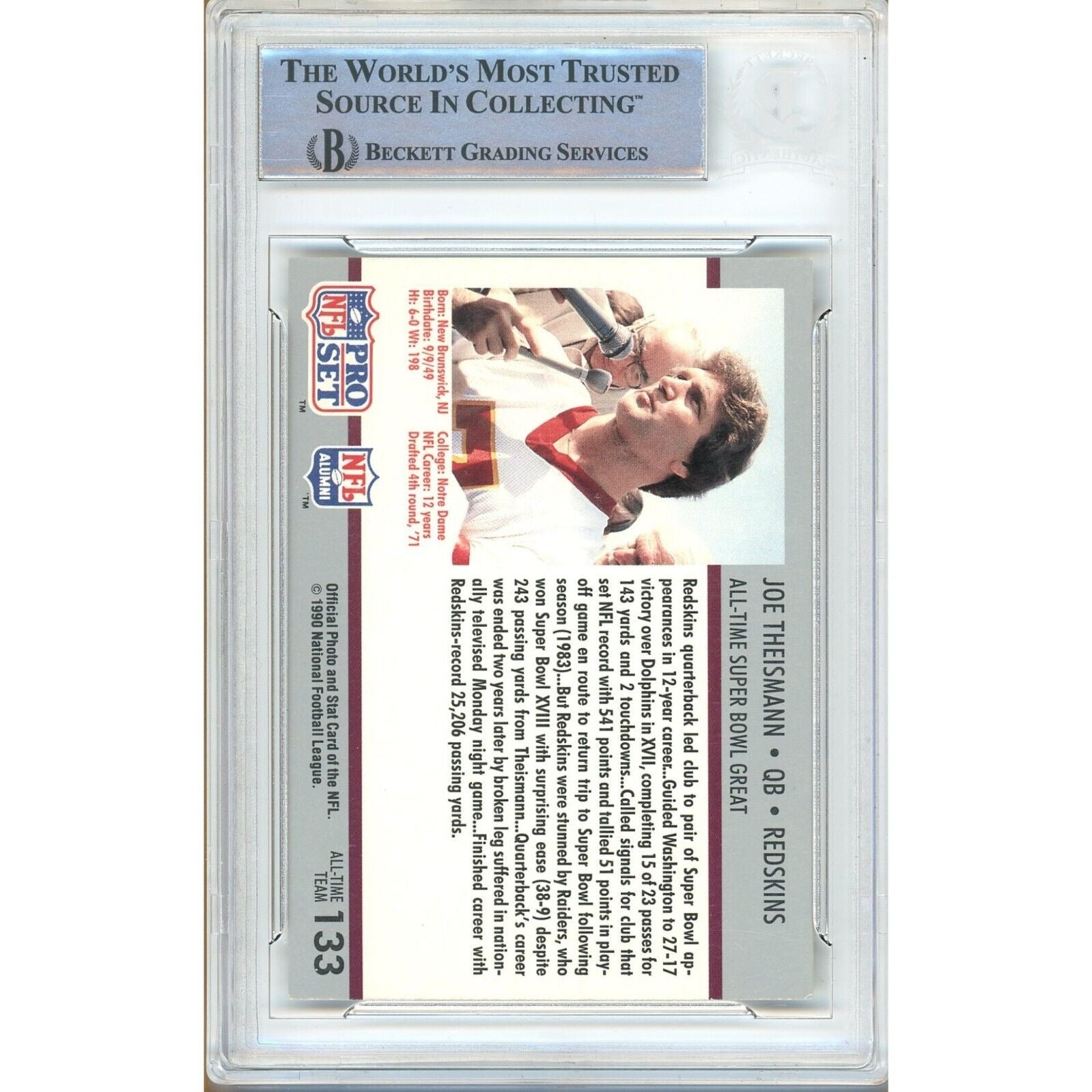 Footballs- Autographed- Joe Theismann Washington Commanders Signed 1990-91 NFL Pro Set Super Bowl Supermen Football Card Beckett Authenticated Auto Slab Front