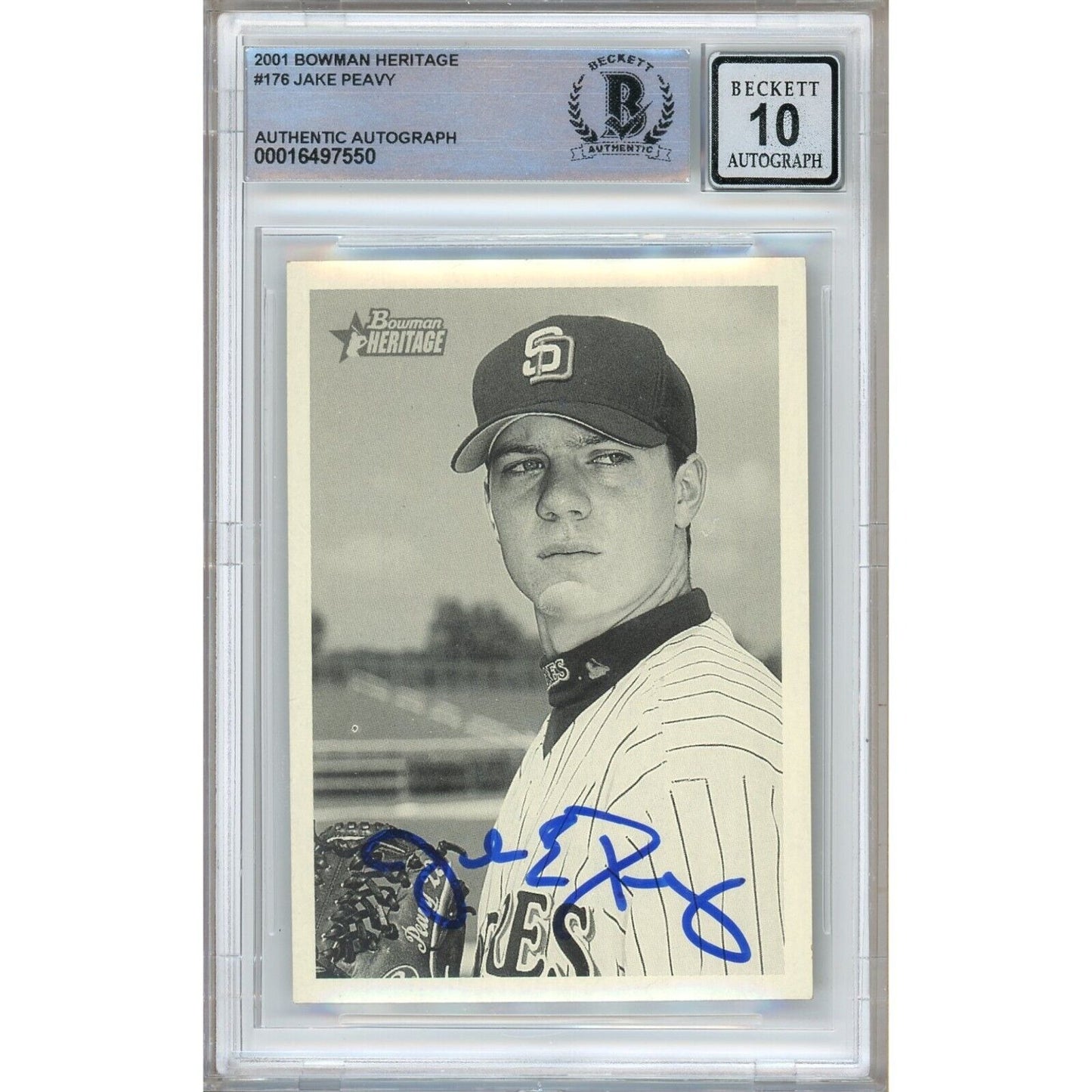 Baseballs- Autographed- Jake Peavy San Diego Padres Signed 2001 Bowman Heritage Baseball Card Beckett Authentic BGS Auto-10 Graded Slab Front