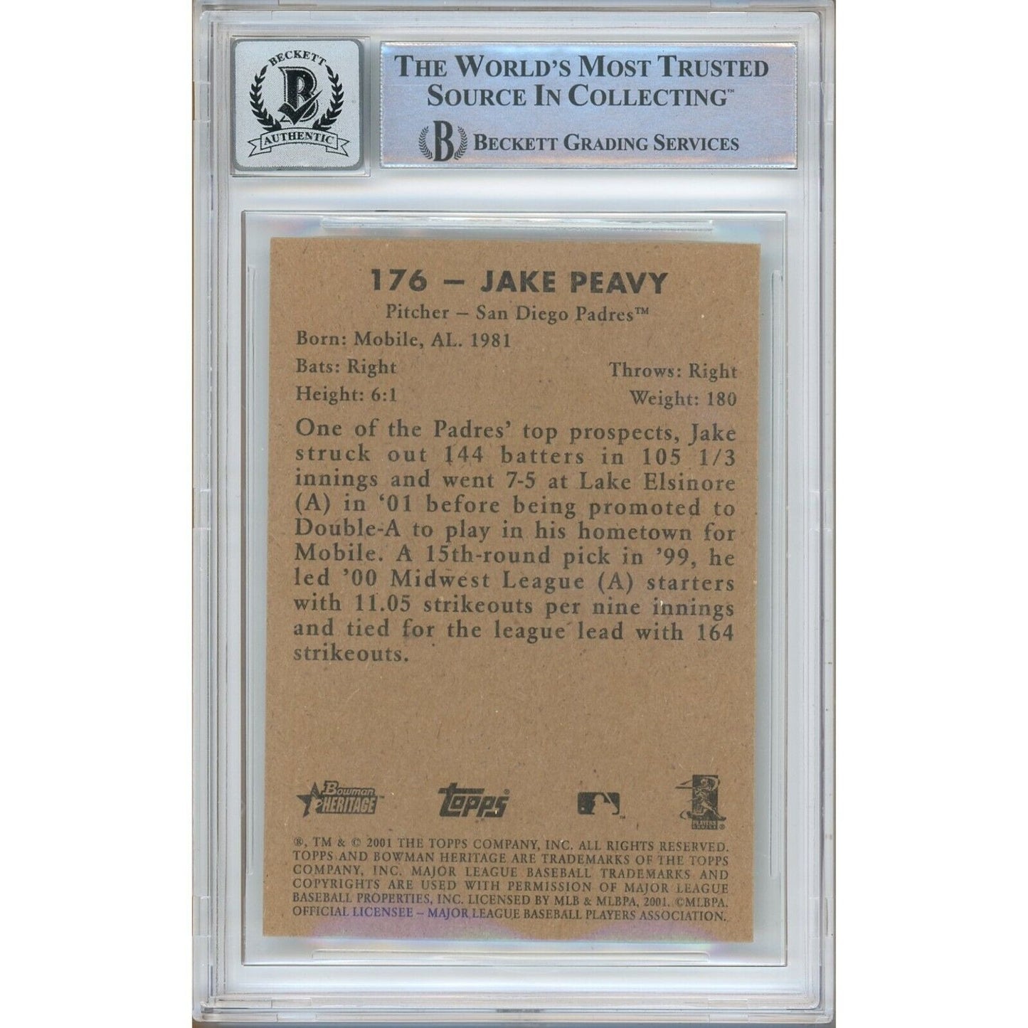 Baseballs- Autographed- Jake Peavy San Diego Padres Signed 2001 Bowman Heritage Baseball Card Beckett Authentic BGS Auto-10 Graded Slab Back