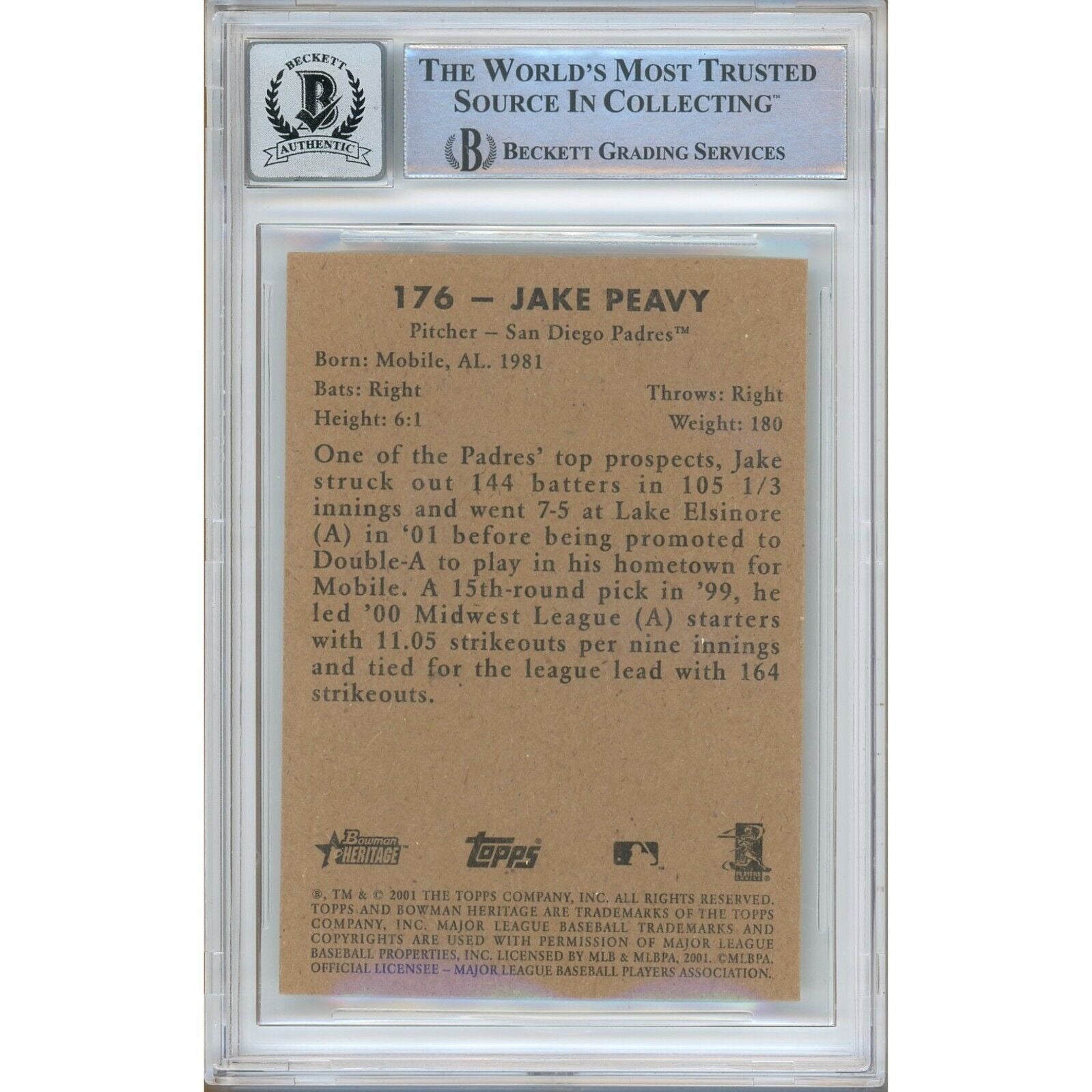 Jake Peavy San Diego Padres signed trading card – signature close-up – Beckett COA
