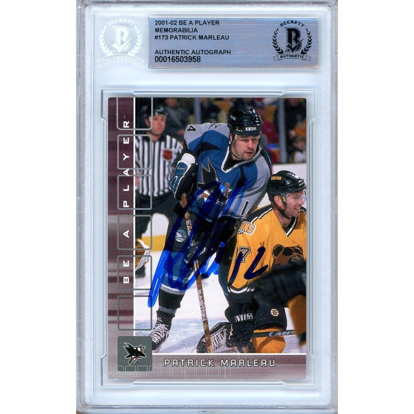 Hockey- Autographed- Patrick Marleau San Jose Sharks Signed 2001-02 BAP Be A Player Memorabilia Hockey Card Beckett Authentic Auto Slab Front