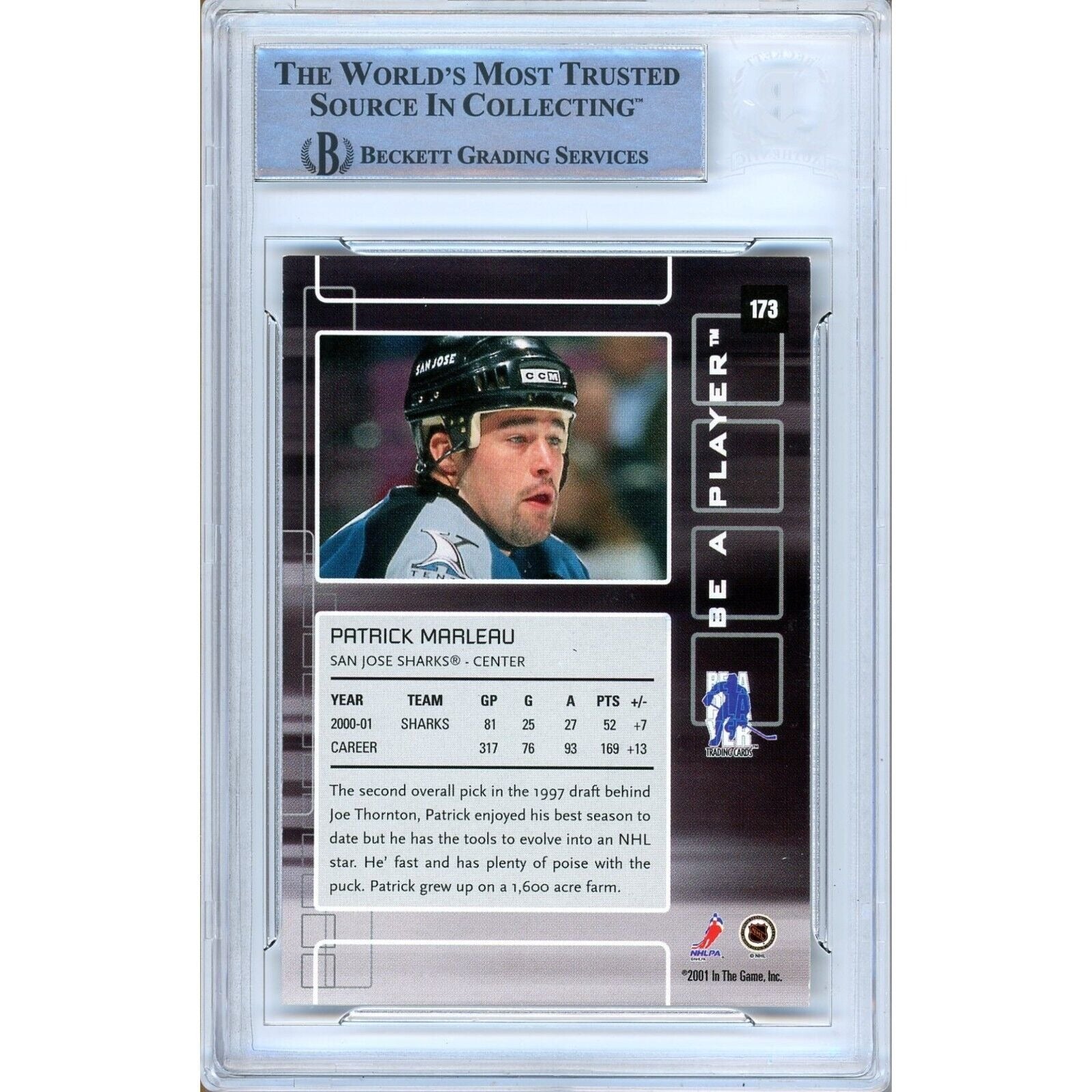 Hockey- Autographed- Patrick Marleau San Jose Sharks Signed 2001-02 BAP Be A Player Memorabilia Hockey Card Beckett Authentic Auto Slab Back