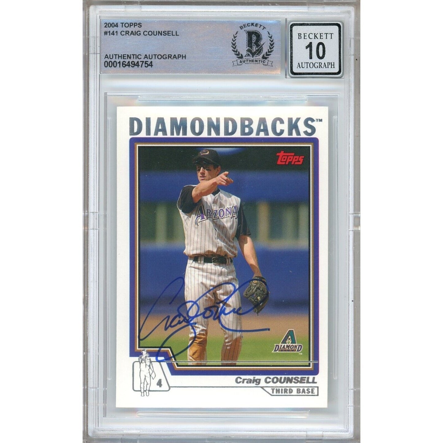 Baseballs- Autographed- Craig Counsell Arizona Diamondbacks Signed 2004 Topps Baseball Card Beckett Authentic BGS Auto-10 Graded Slab Front