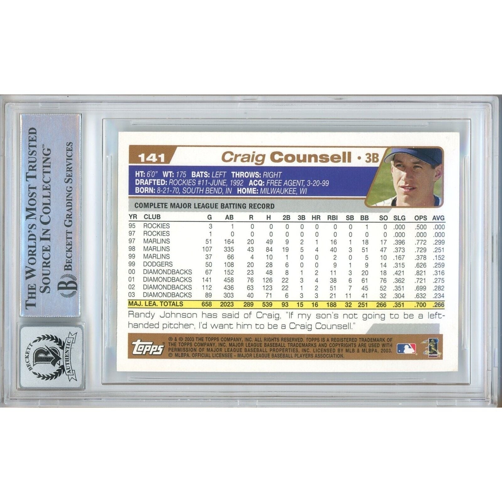 Baseballs- Autographed- Craig Counsell Arizona Diamondbacks Signed 2004 Topps Baseball Card Beckett Authentic BGS Auto-10 Graded Slab Back