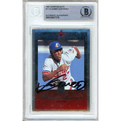 Baseballs- Autographed- Vladimir Guerrero Montreal Expos Signed 1997 Donruss Elite Rookie Trading Card Beckett Authentic Auto Slab Front