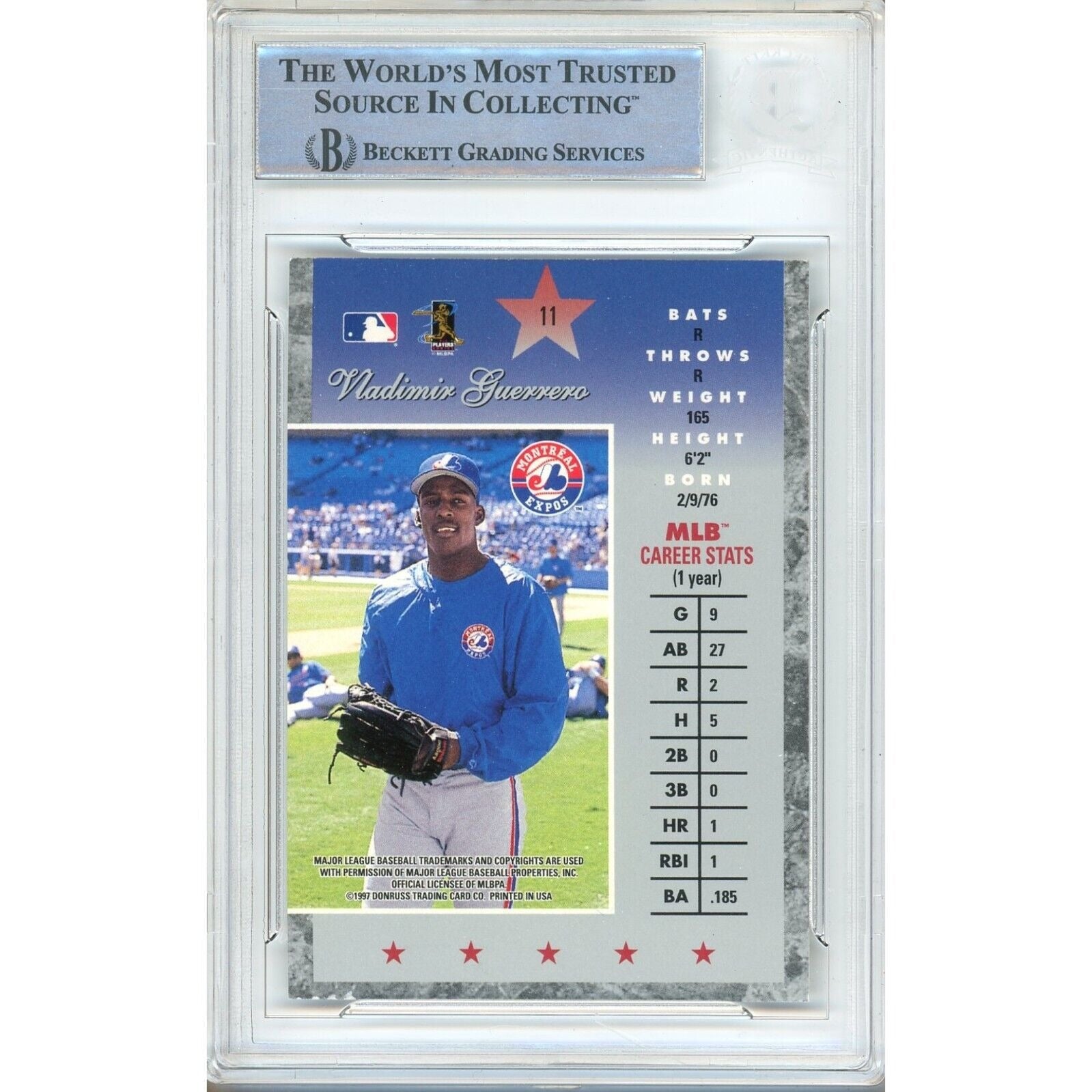 Baseballs- Autographed- Vladimir Guerrero Montreal Expos Signed 1997 Donruss Elite Rookie Trading Card Beckett Authentic Auto Slab Back