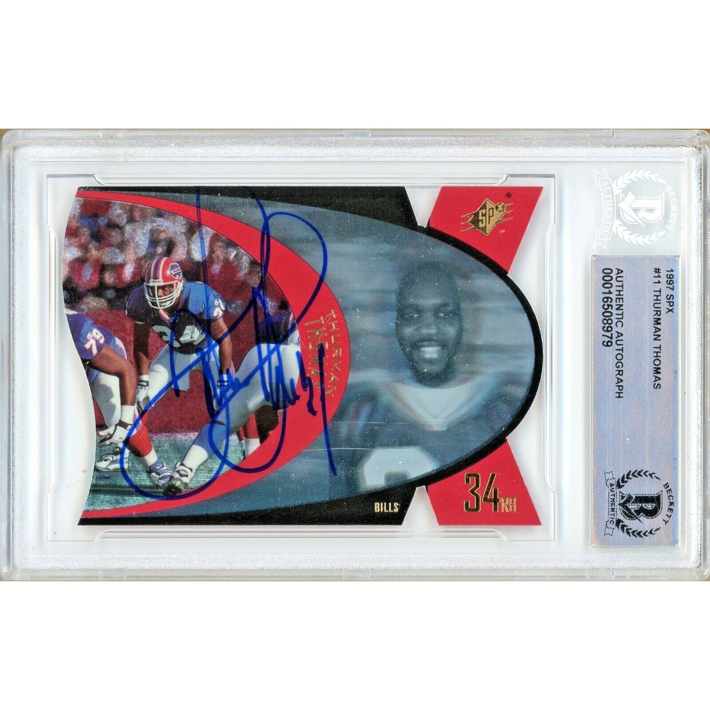 Footballs- Autographed- Thurman Thomas Buffalo Bills Signed 1996 Upper Deck SPx Trading Card Beckett Authentic Auto Slab Front